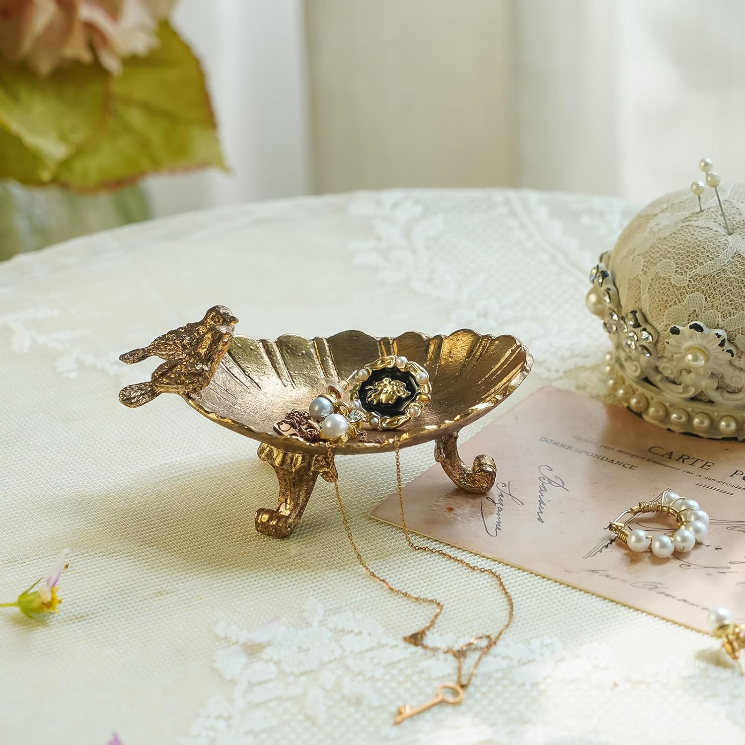 Vintage Ring Holder Jewelry Dish / Gold