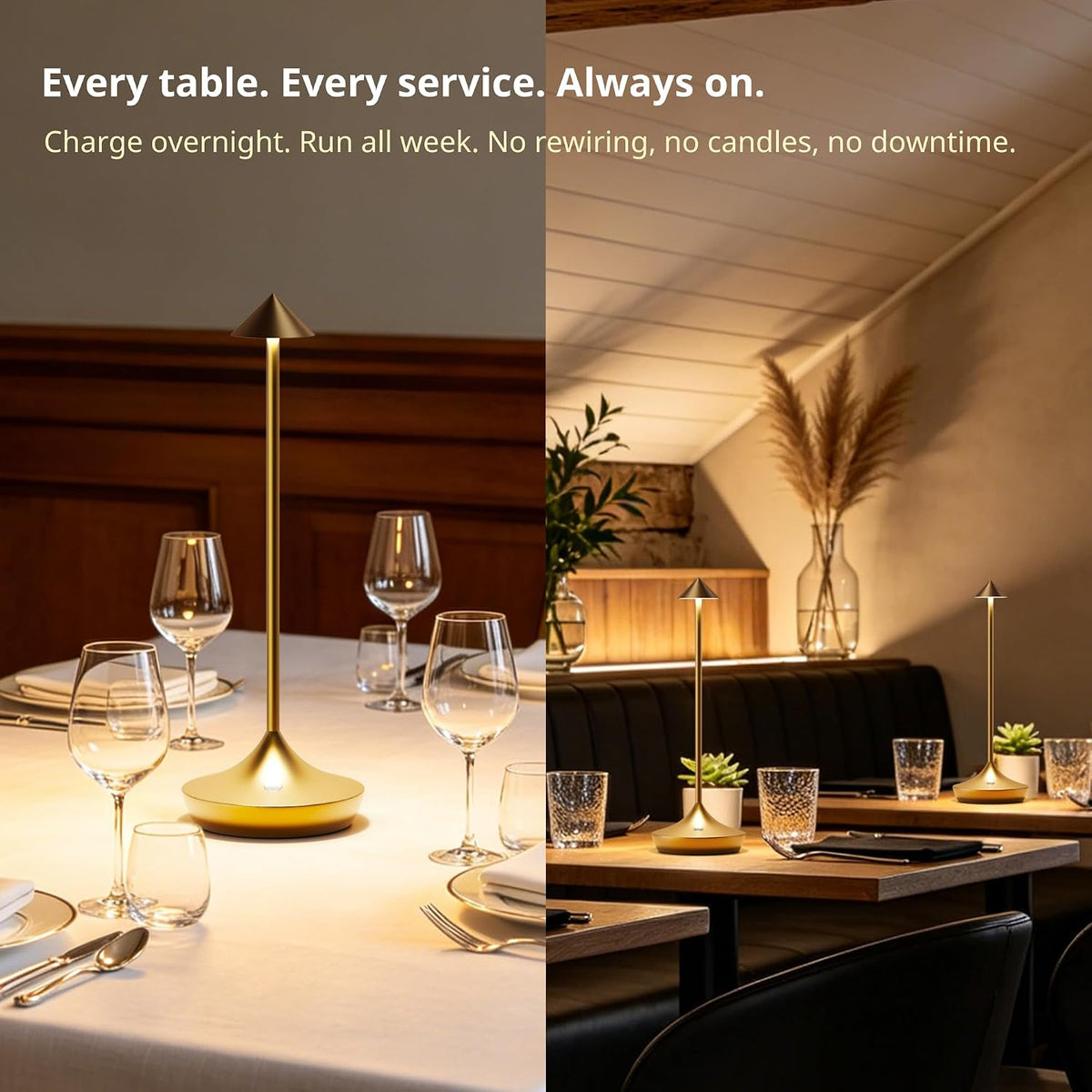 Cordless Rechargeable Table Lamp, Long-Lasting 60-Hr Battery, Dimmable LED | Set of 2 Gold with IP54 6000mAh 3 Color