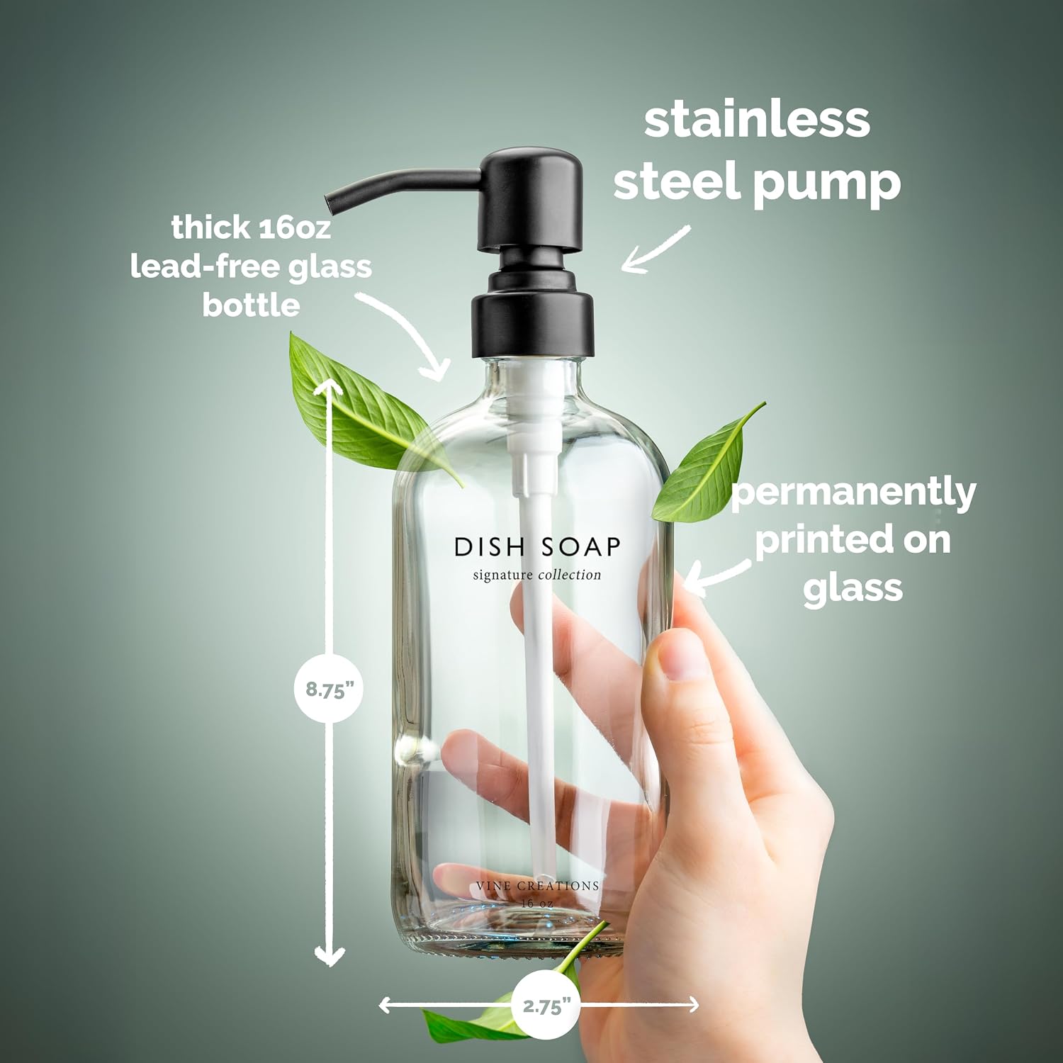Vine Creations Clear Glass Soap Dispenser Set, Dish Soap and Hand Soap Dispenser Set with Stainless Steel Pump, 16 oz