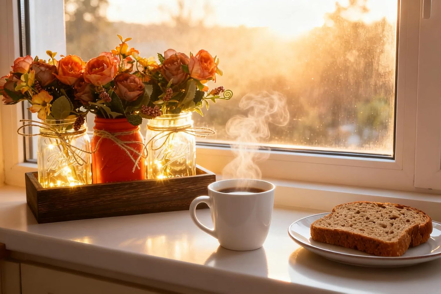 Wood Tray & 3 Artificial Flowers