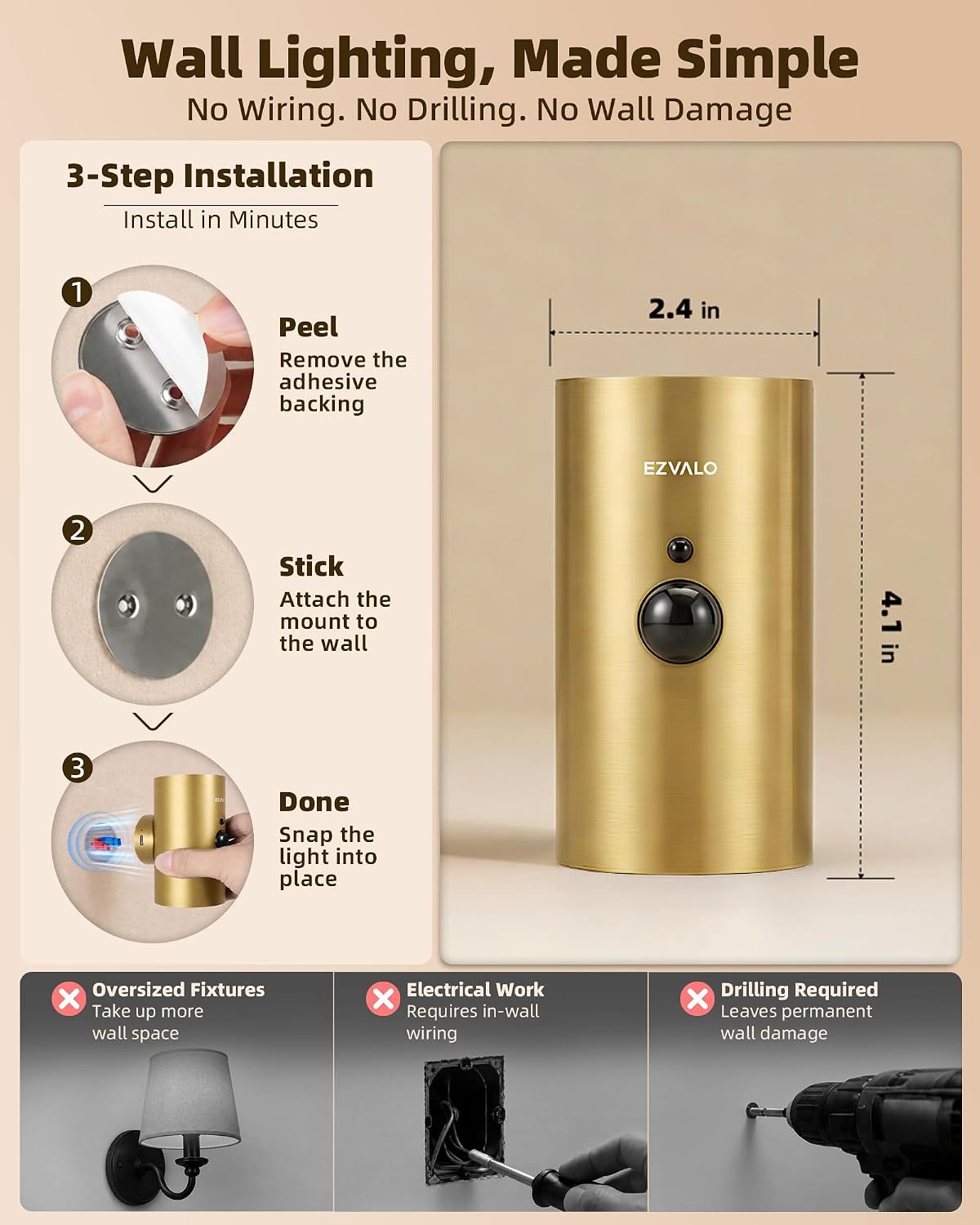 EZVALO Motion Sensor Wall Sconces with Remote, Rechargeable Battery Operated 4000mAh Wall Lights, 3 Color Temperatures