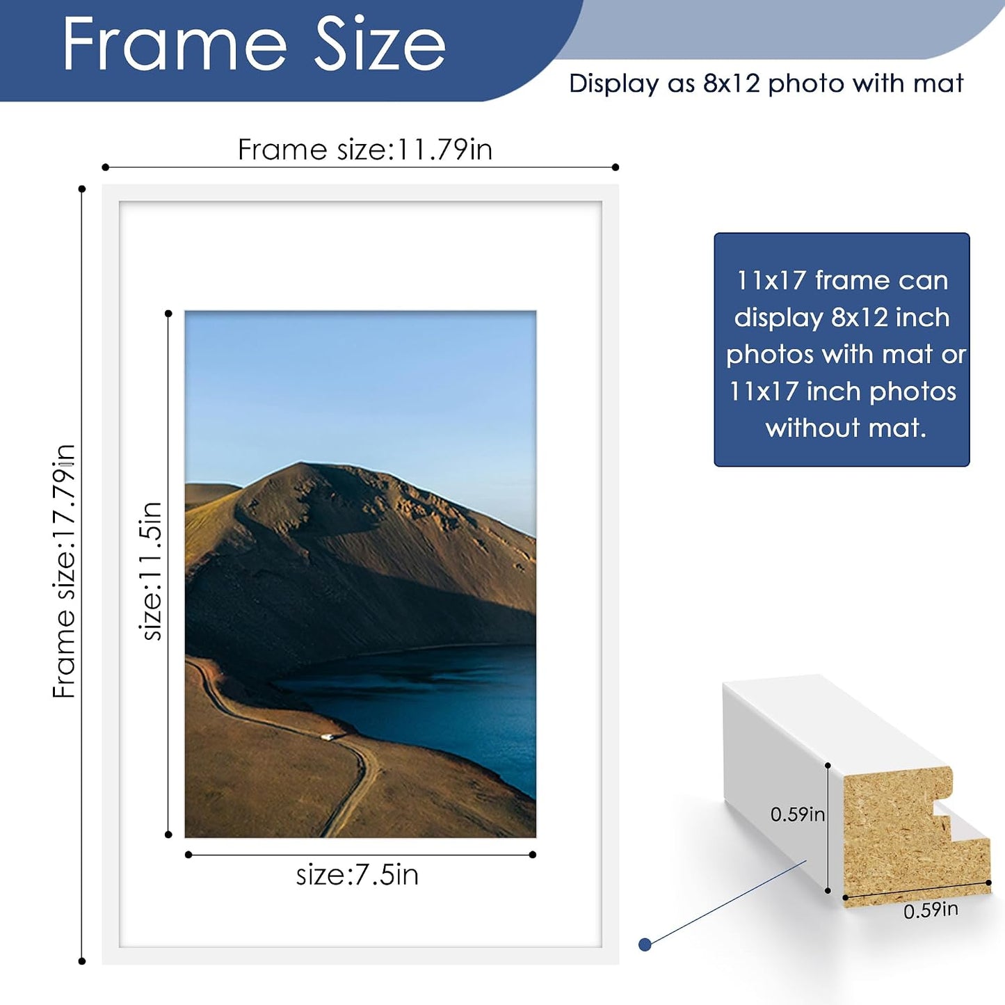 11x17 Picture Frame Set of 6, Wall Mount Display, White | Display Pictures 8x12 with Mat or 11x17 without
