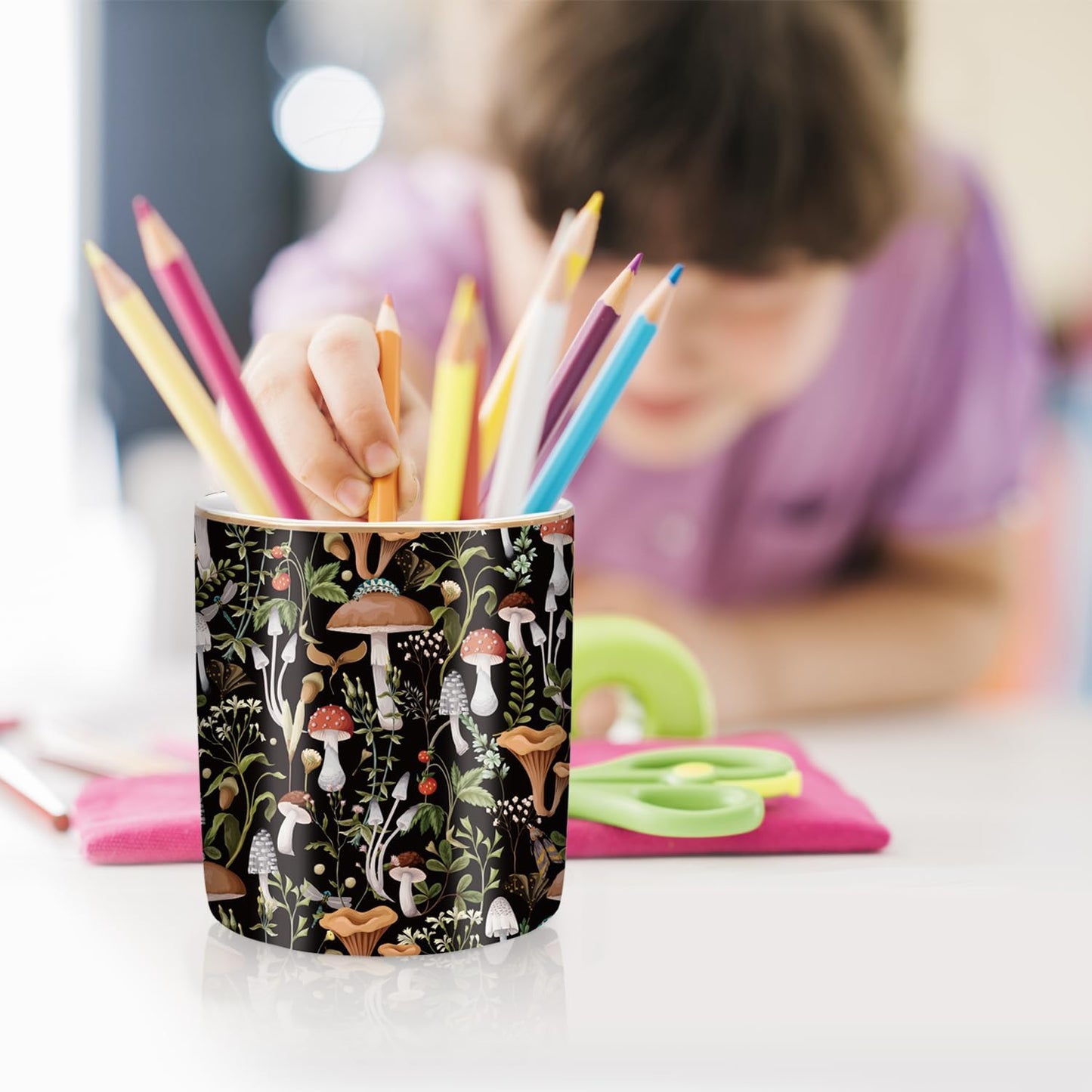Ceramic Pen Cup Makeup Brush Holder / Mushrooms Pattern