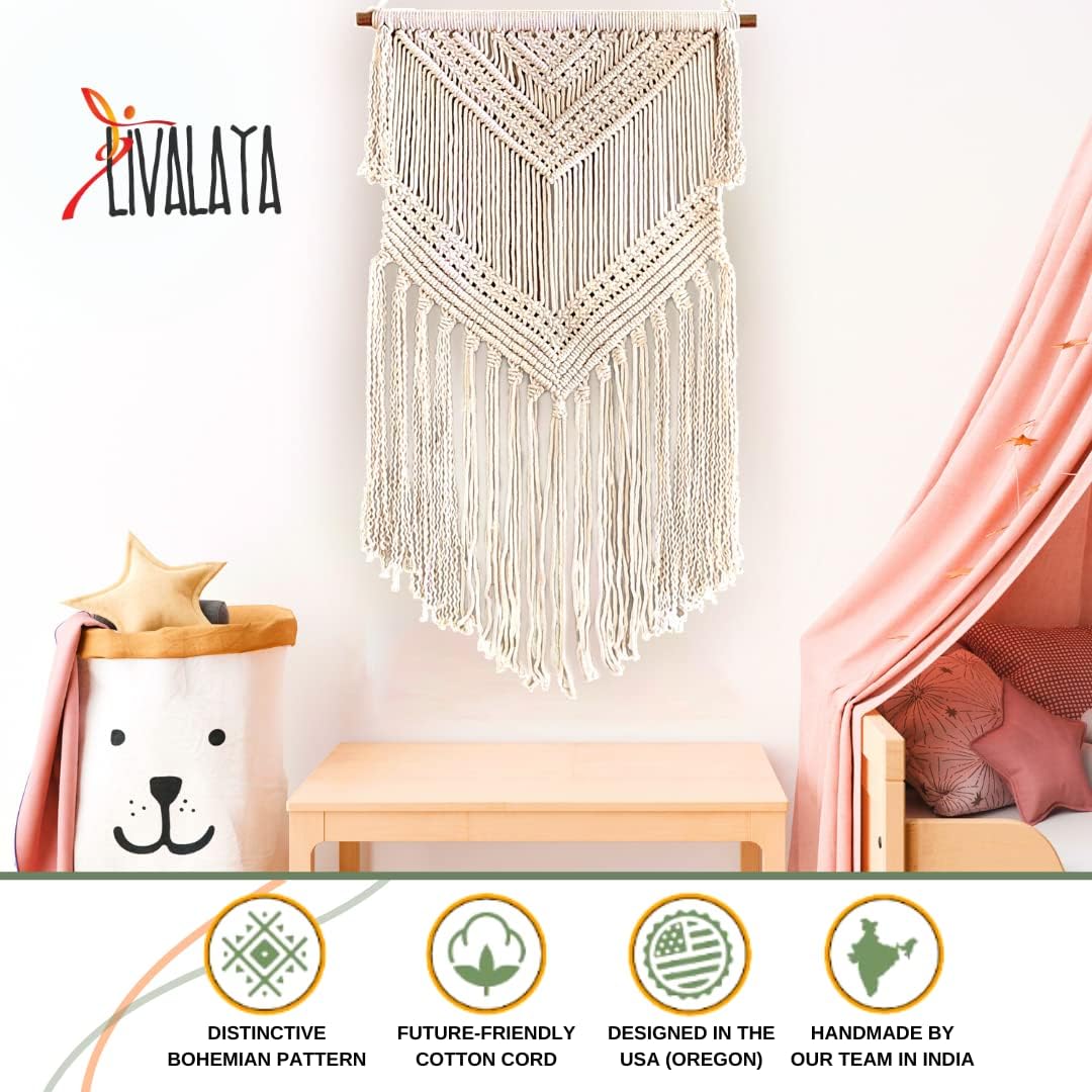 Boho Macrame Woven Wall Hanging in Modern Bohemian Tapestry wall Art Decor / Beige / 16 x 36
