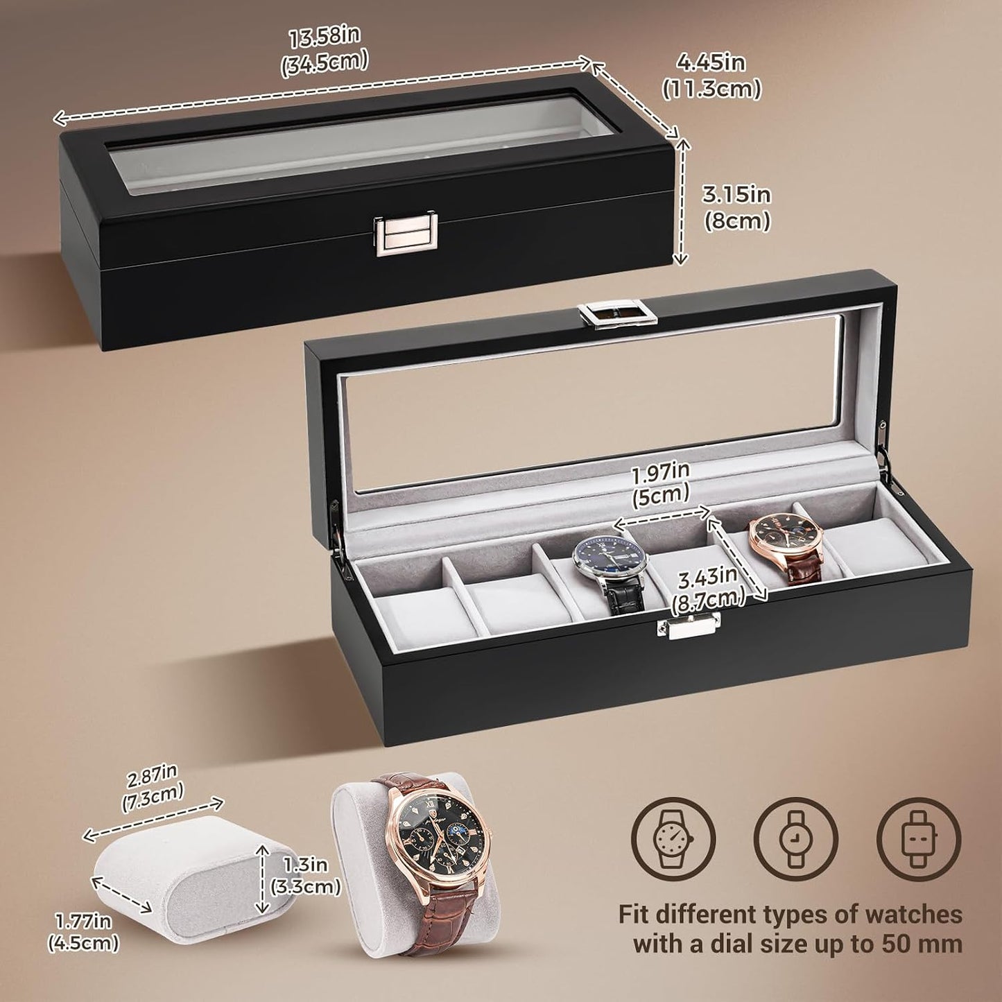 ProCase Wooden Watch Box, 6 Slot Mens Watch Display Case, MatteBlack | Wood Watches Holder Storage Organizer with Clear
