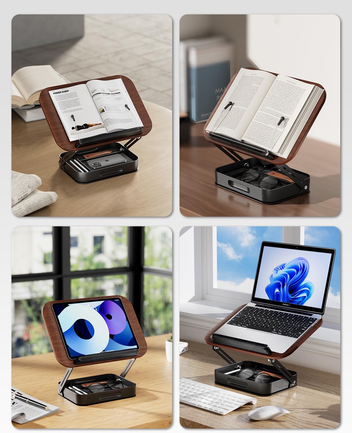 Adjustable Book Stand with Storage Drawer, 360° Rotating Book Holder, Height & Angle Adjustable, Extra-Wide Page Clips