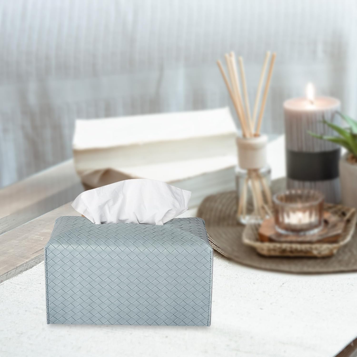 Tissue Box Cover PU Leather Tissue Holder Square Facial Tissue Case Facial / Rectangle / Powderblue