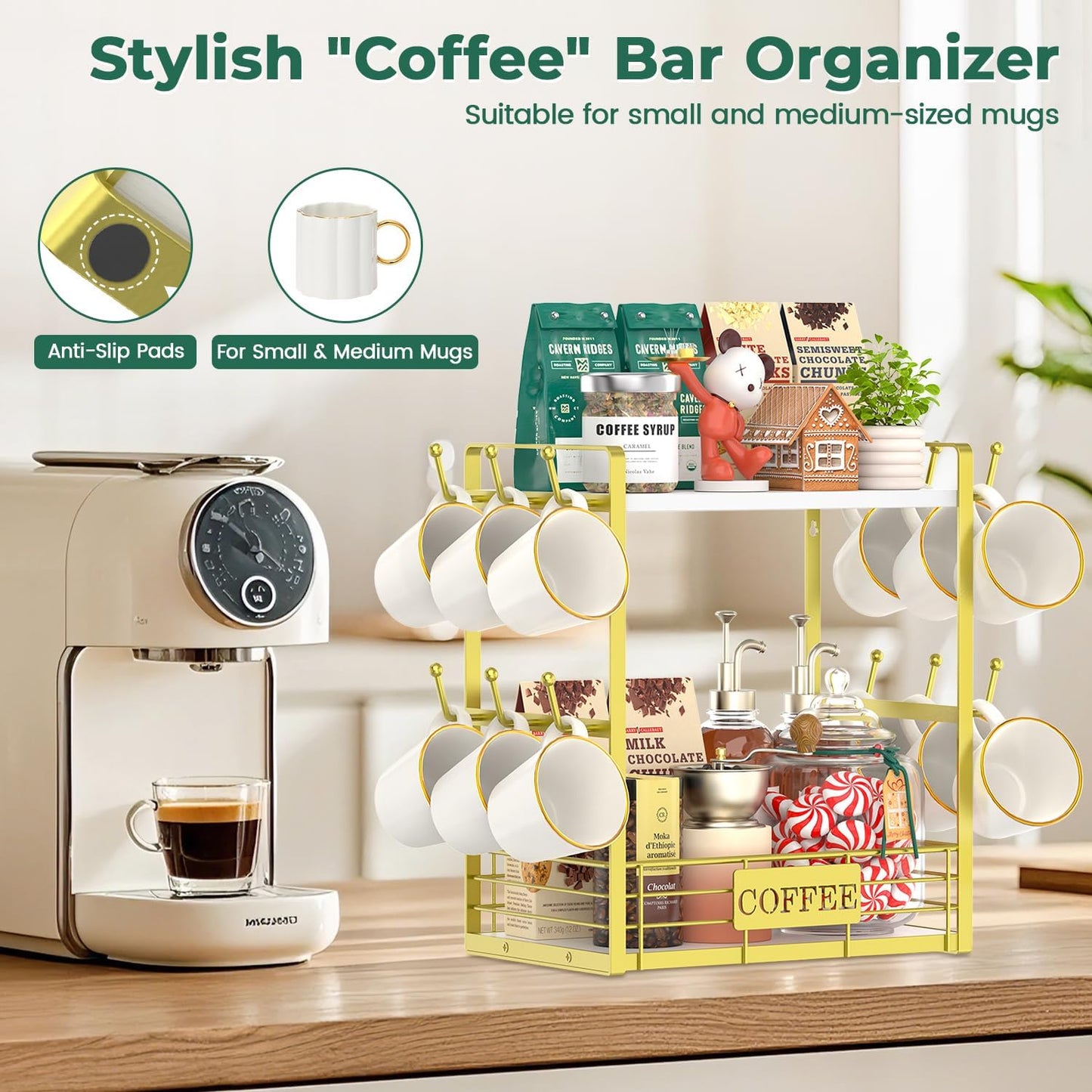EsLuker.ly Coffee Mug Cup Holder Tree Bar Station Organizer, 2 Tier Gold | Mug Stand Rack for Countertop Kitchen