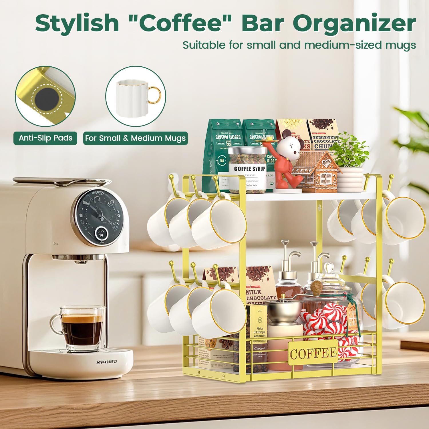EsLuker.ly Coffee Mug Cup Holder Tree Bar Station Organizer, 2 Tier Gold | Mug Stand Rack for Countertop Kitchen