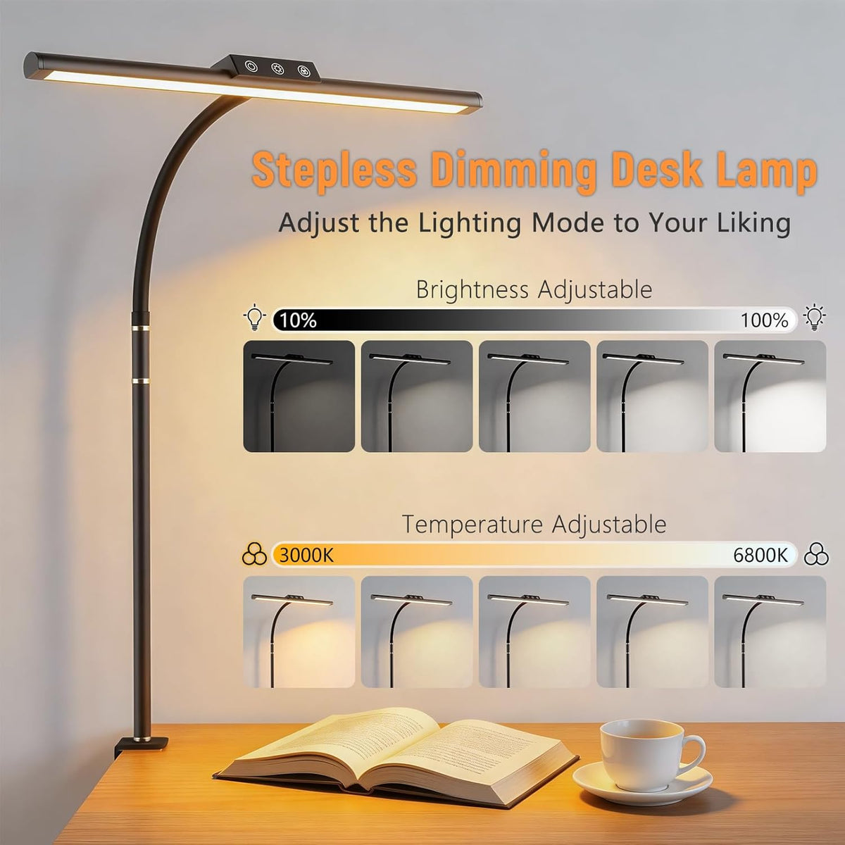 LED Desk Lamp for Home Office, Flexible Gooseneck Desk Lamp with Clamp, 5 Color Touch Control Stepless Dimming