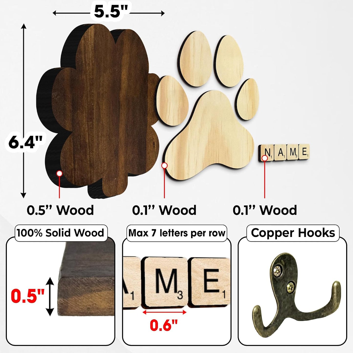 Wooden Paw Print Wall Hook / 7.8 x 5.5 / Style 3