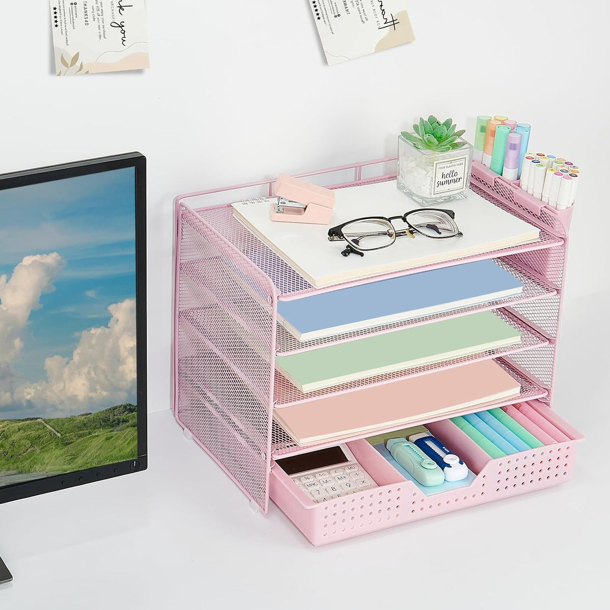 LEKETREE Desk Organizers and Accessories, 5-Tier Paper Letter Tray Organizer with Drawer & 2 Pen Holders, Desktop