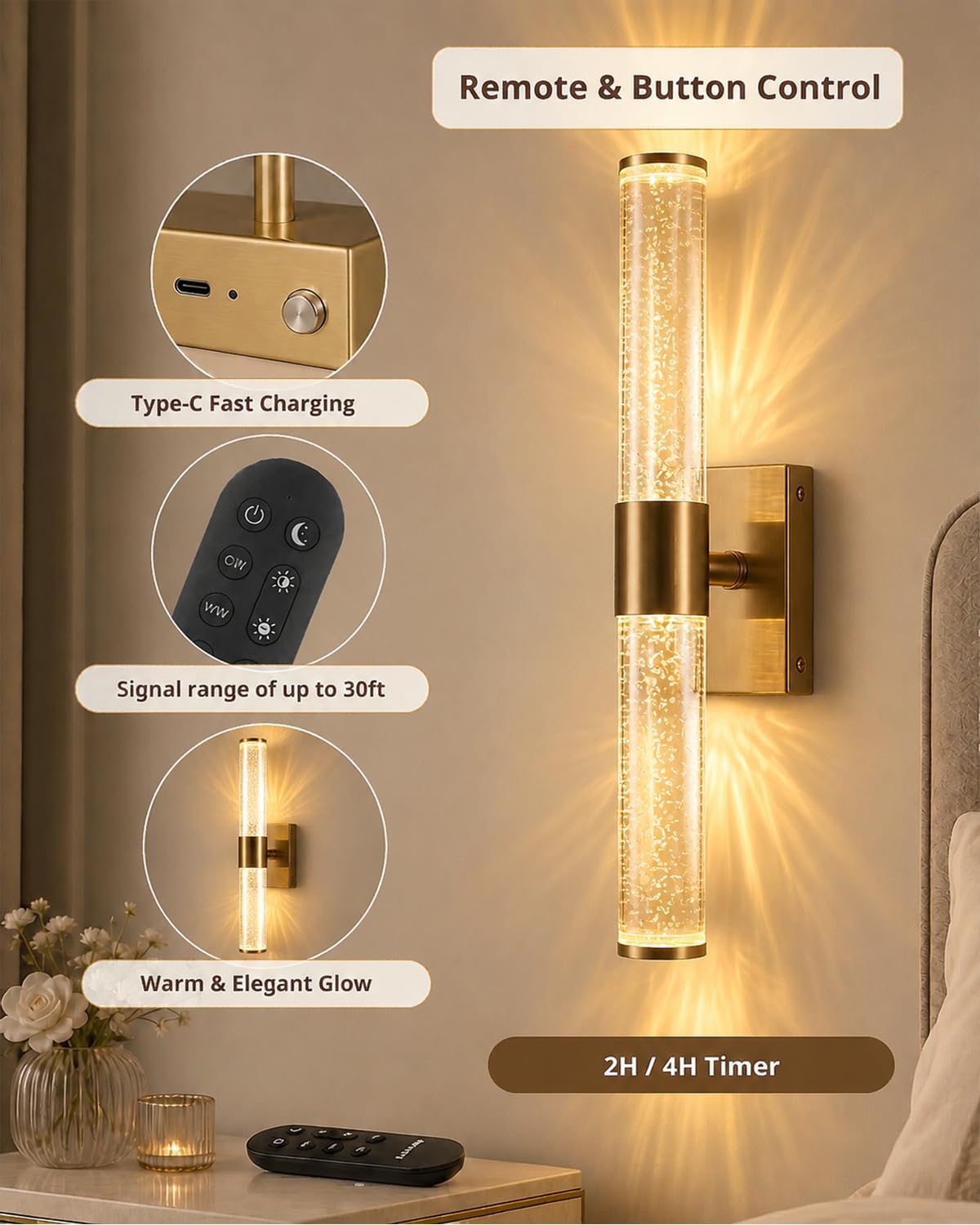Wall Sconces Set of Two, Wireless & Rechargeable Wall Lights-Gold | 16000mAh Long-Lasting Battery，Screw-Mounted, 30ft