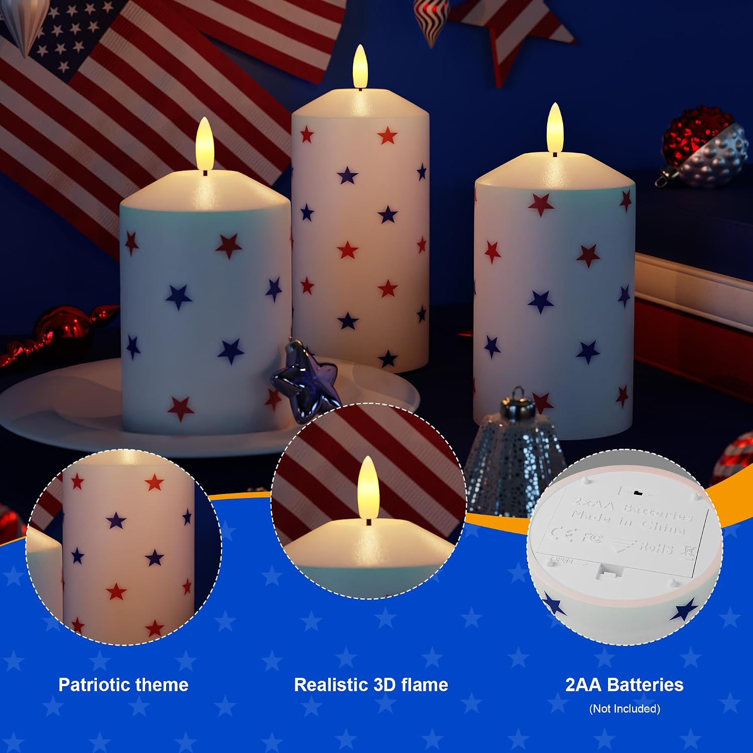 Patriotic Red White & Blue Star Candles, 4th of July LED Candles | Real Wax, Flickering Flameless Pillar Candles with
