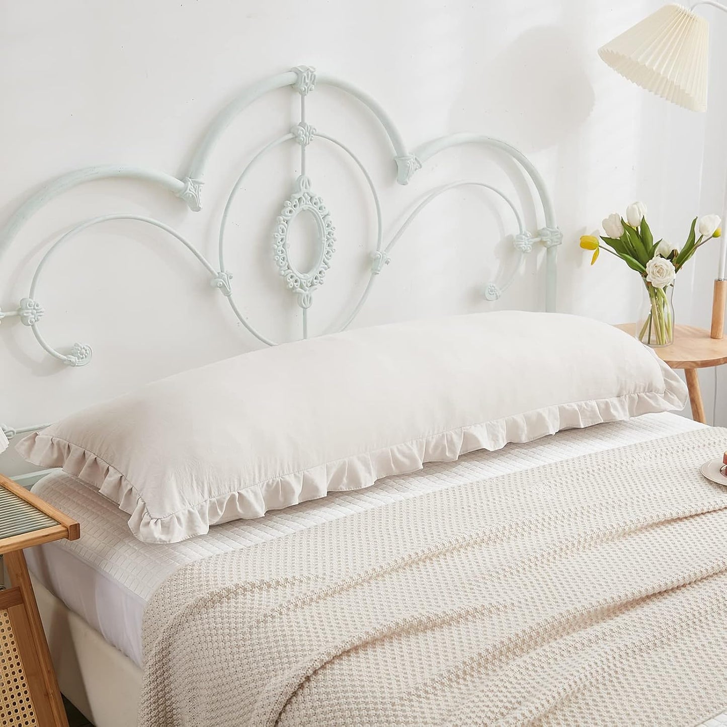Grey Pillow Cover Long Pillowcase Ruffled Pillowcases Shabby Chic Ruffled / Body / Beige / 20 x 54