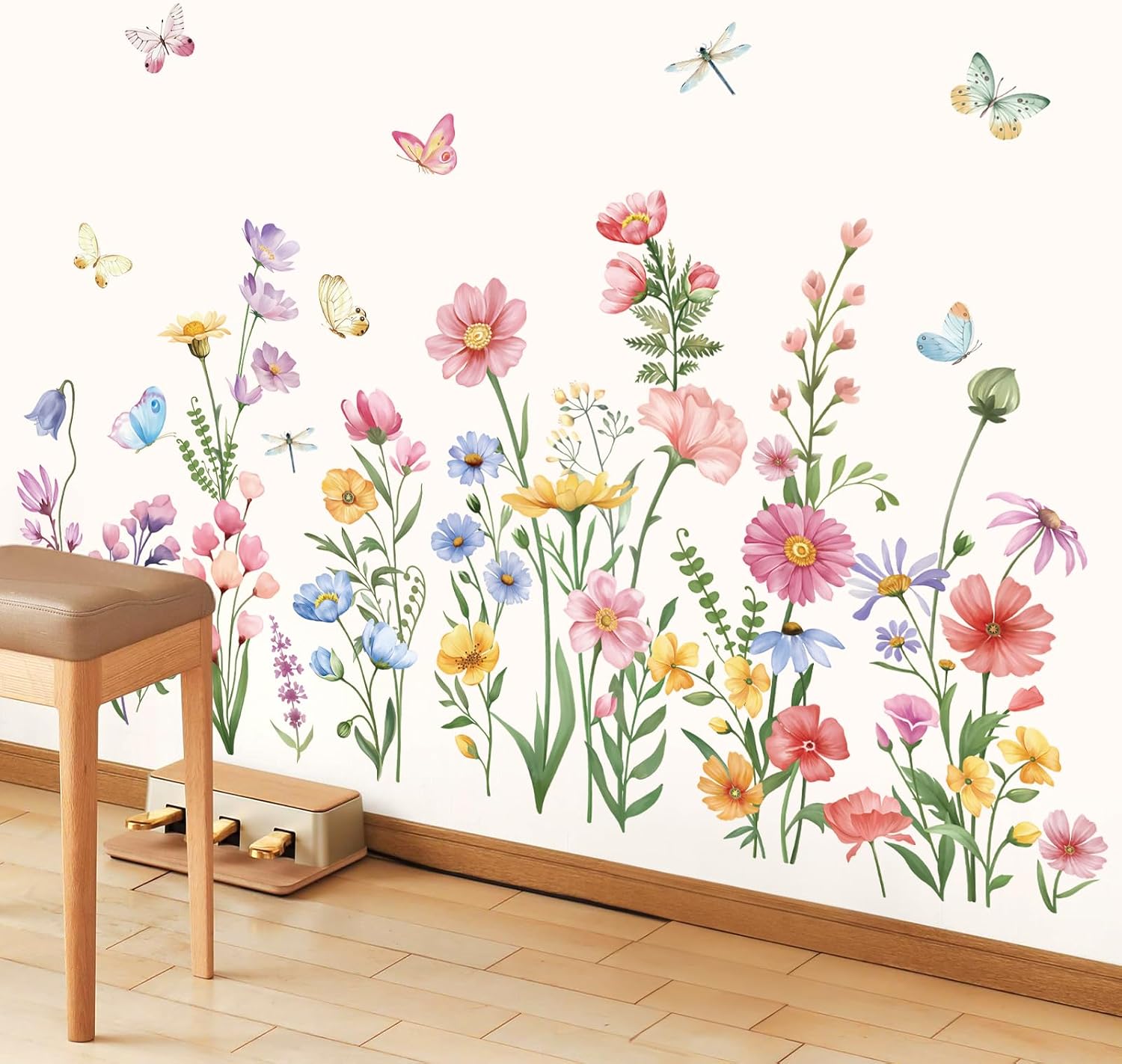 Wildflower Wall Stickers Garden Flower Daisy Butterflies Floral Botanical Wall Art Decals / Pink