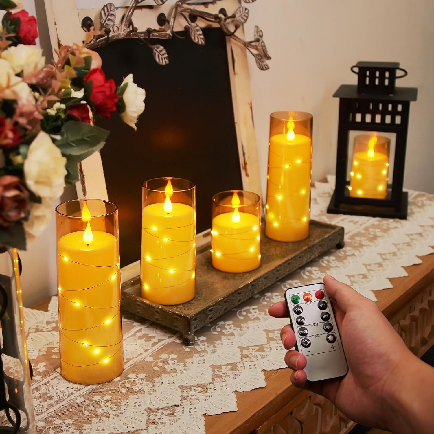 Homemory Acrylic Flameless Candles with Embedded Star String Fairy Lights, Battery Operated Candle, LED Candles, Fake