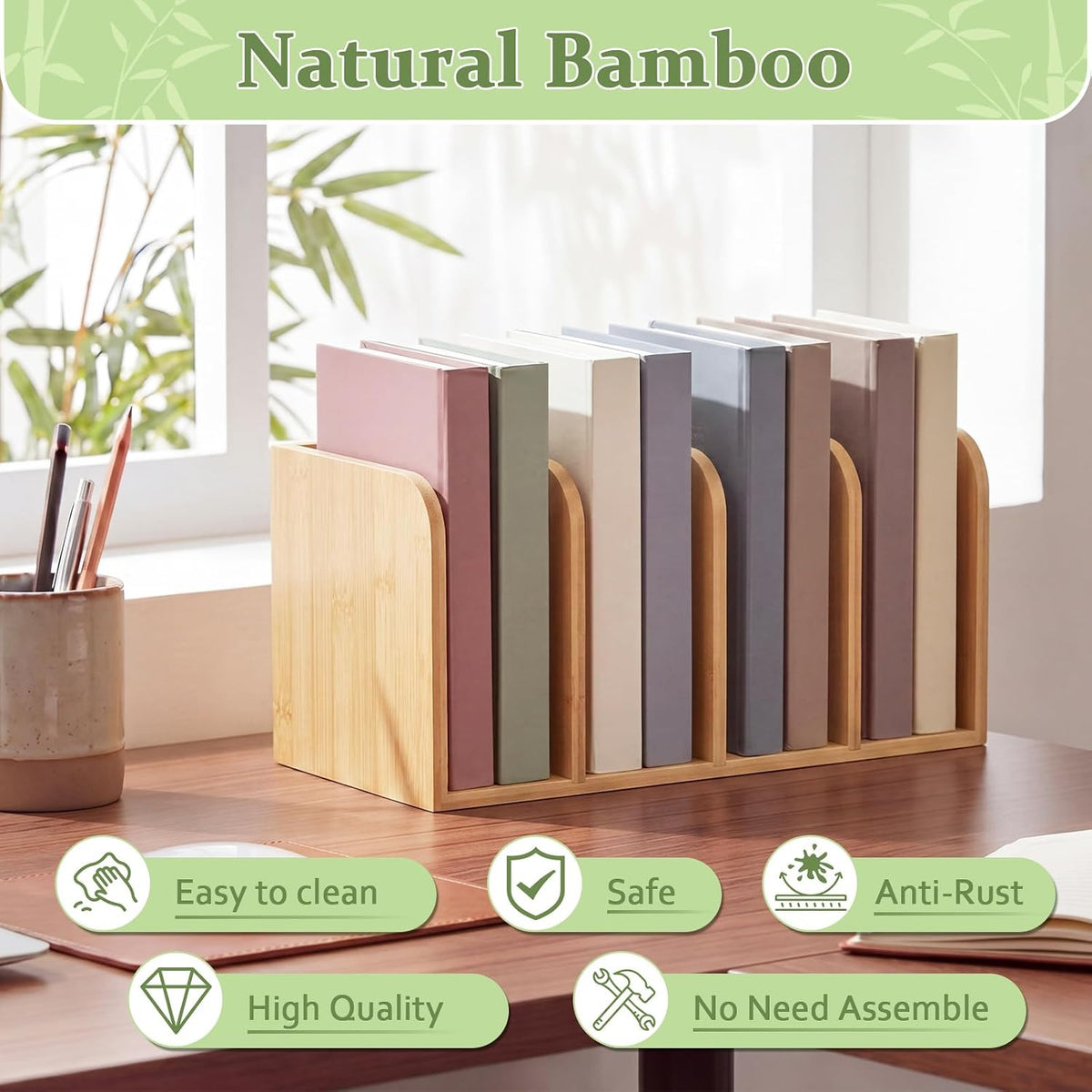 Novabright 4-slot Bamboo Wooden Magazine File Holder Desk Organizer, 4 Vertical Compartments Workspace Sorters for
