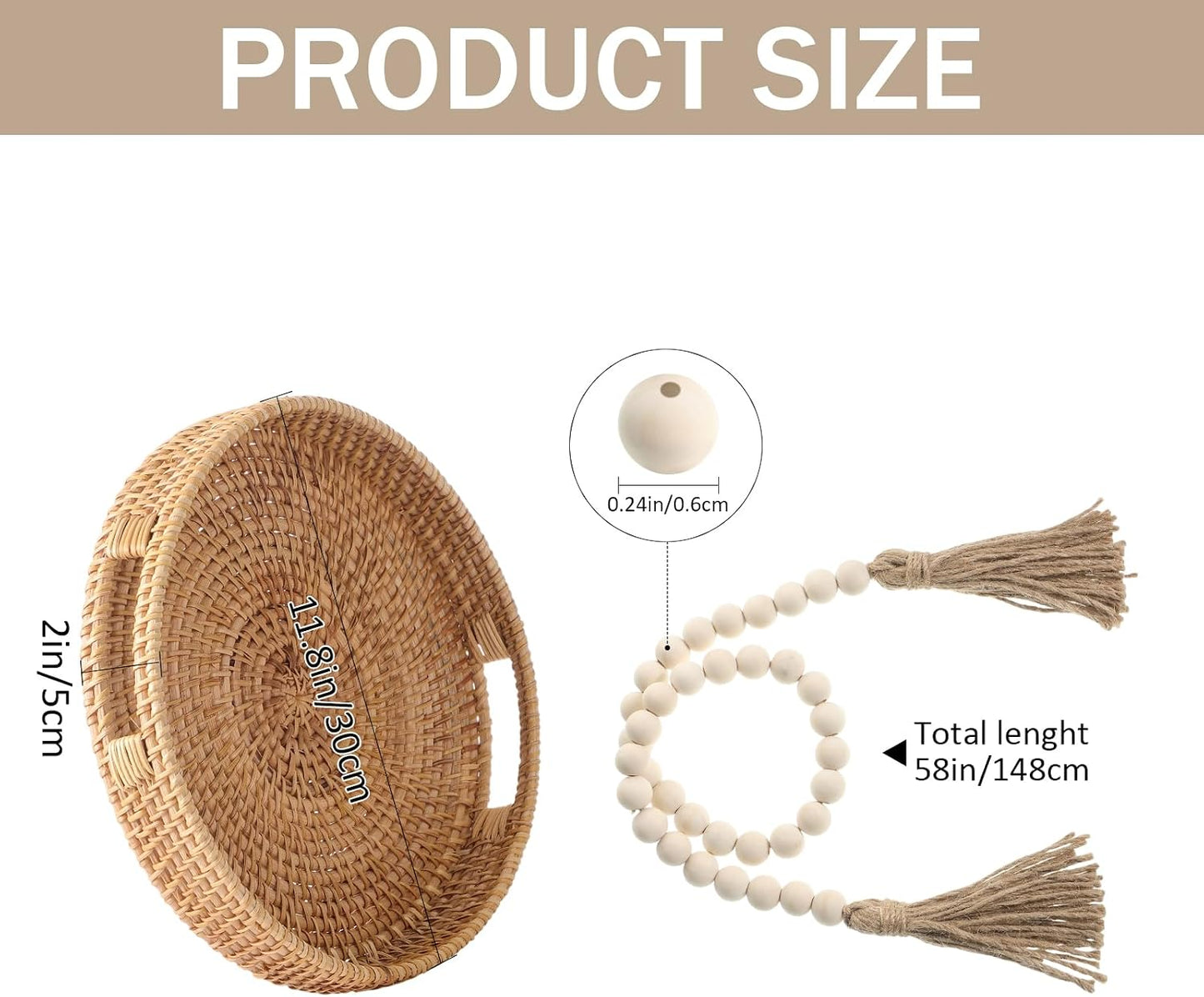 11.8" Hand-Woven Round Wicker Tray Circle Rattan Decorative Serving Tray Cotton Woven Coaster Wood
