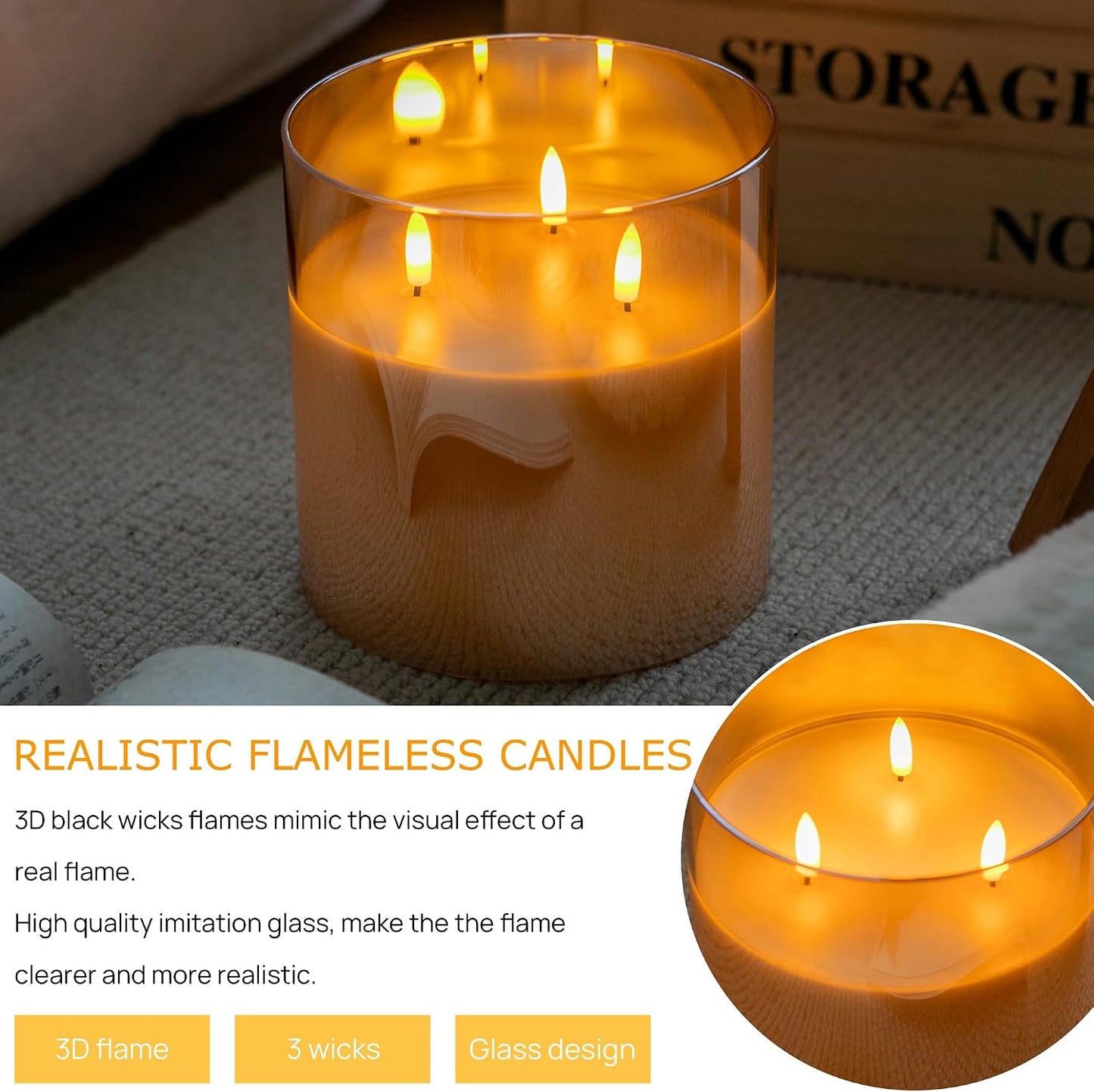 Extra Large Flameless Candles with 3 Wicks, 6"x6" Glass Battery Operated Candles with Remote, Real Wax Flickering LED