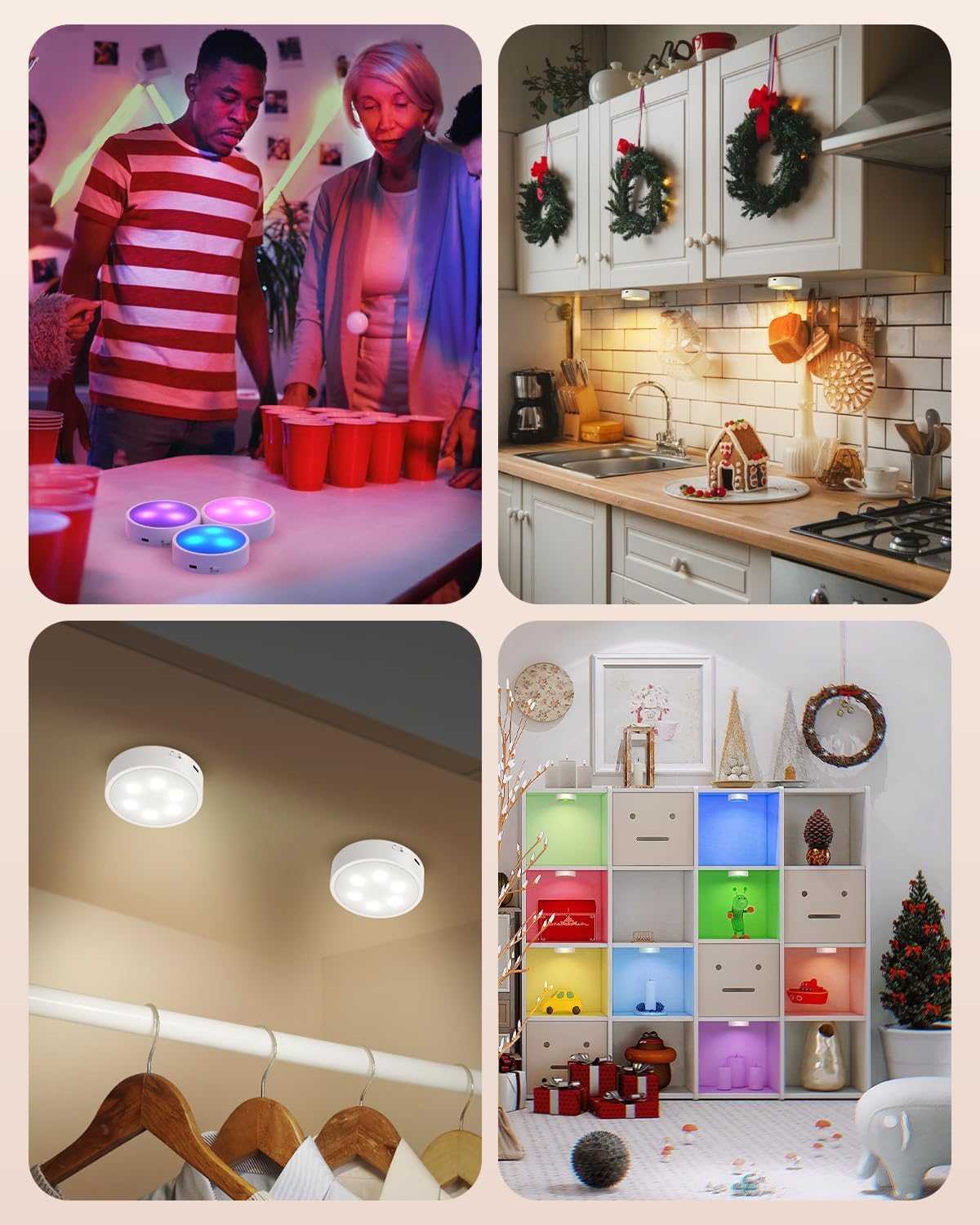 Puck Lights with Remote, Rechargeable White&13 RGB Colors Tap Lights, 6Pack | Under Cabinet Lights with Dimmer and