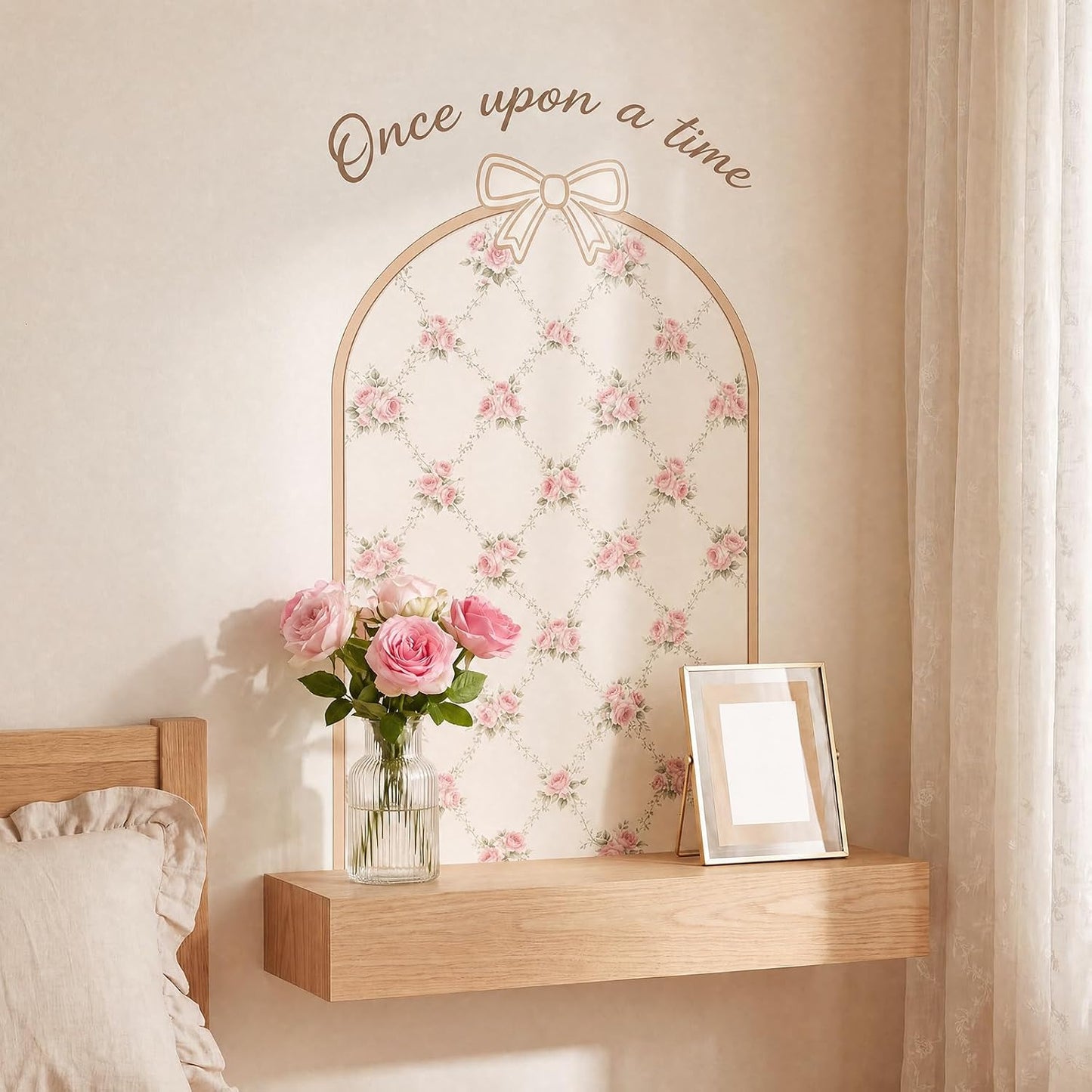 Flower Arch Wall Decals Bow Floral Stickers Nursery Wallpaper Once Upon a Time Sign / Pink / 60 x 35
