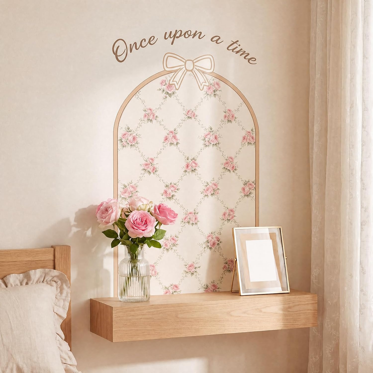 Flower Arch Wall Decals Bow Floral Stickers Nursery Wallpaper Once Upon a Time Sign / Pink / 60 x 35