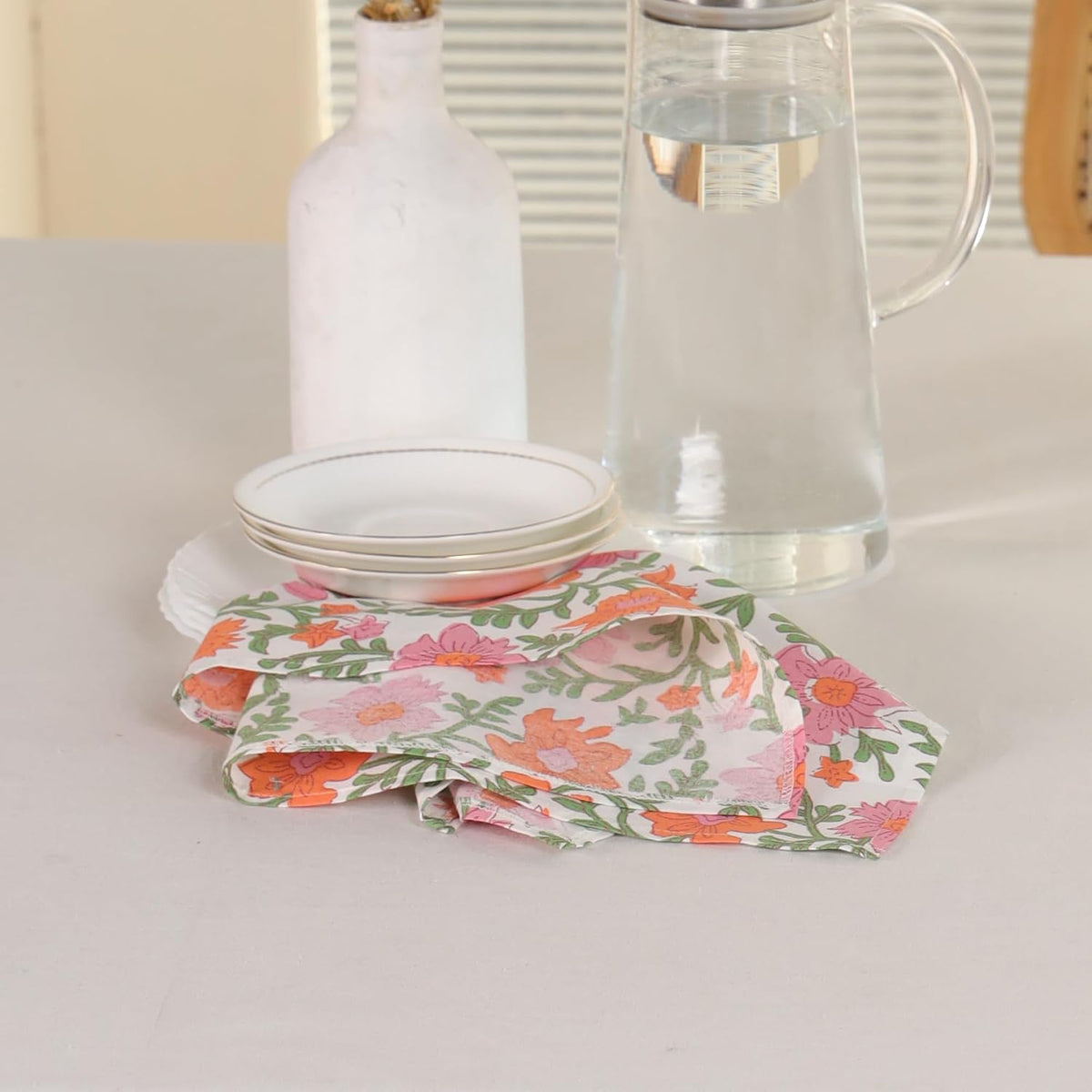 Floral Cloth Napkins Set of 12, 100% Cotton Reusable Dinner Napkins, Block Print Inspired, 18 x 18 Inch Table & Kitchen