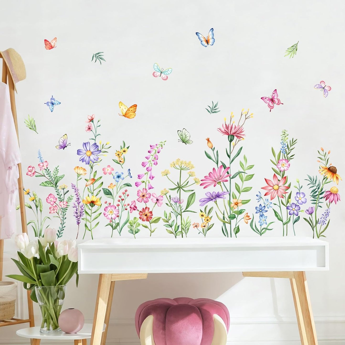 Flower Wall Decals Watercolor Wildflower Grass Butterflies Wall Stickers Peel / Retro Wildflower