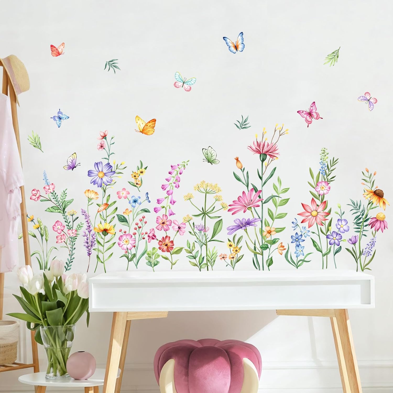 Flower Wall Decals Watercolor Wildflower Grass Butterflies Wall Stickers Peel / Retro Wildflower