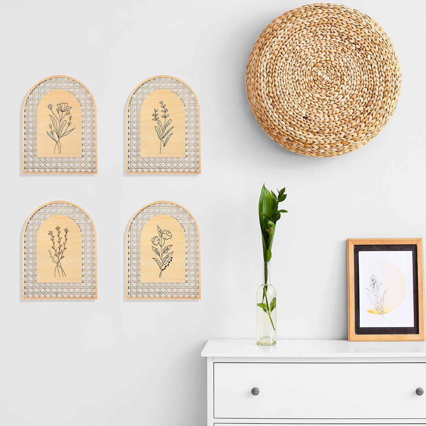 Rattan Wooden Boho Wall Decor Floral Room Wall Art Aesthetic Nursery Farmhouse / Natural / Set of 4