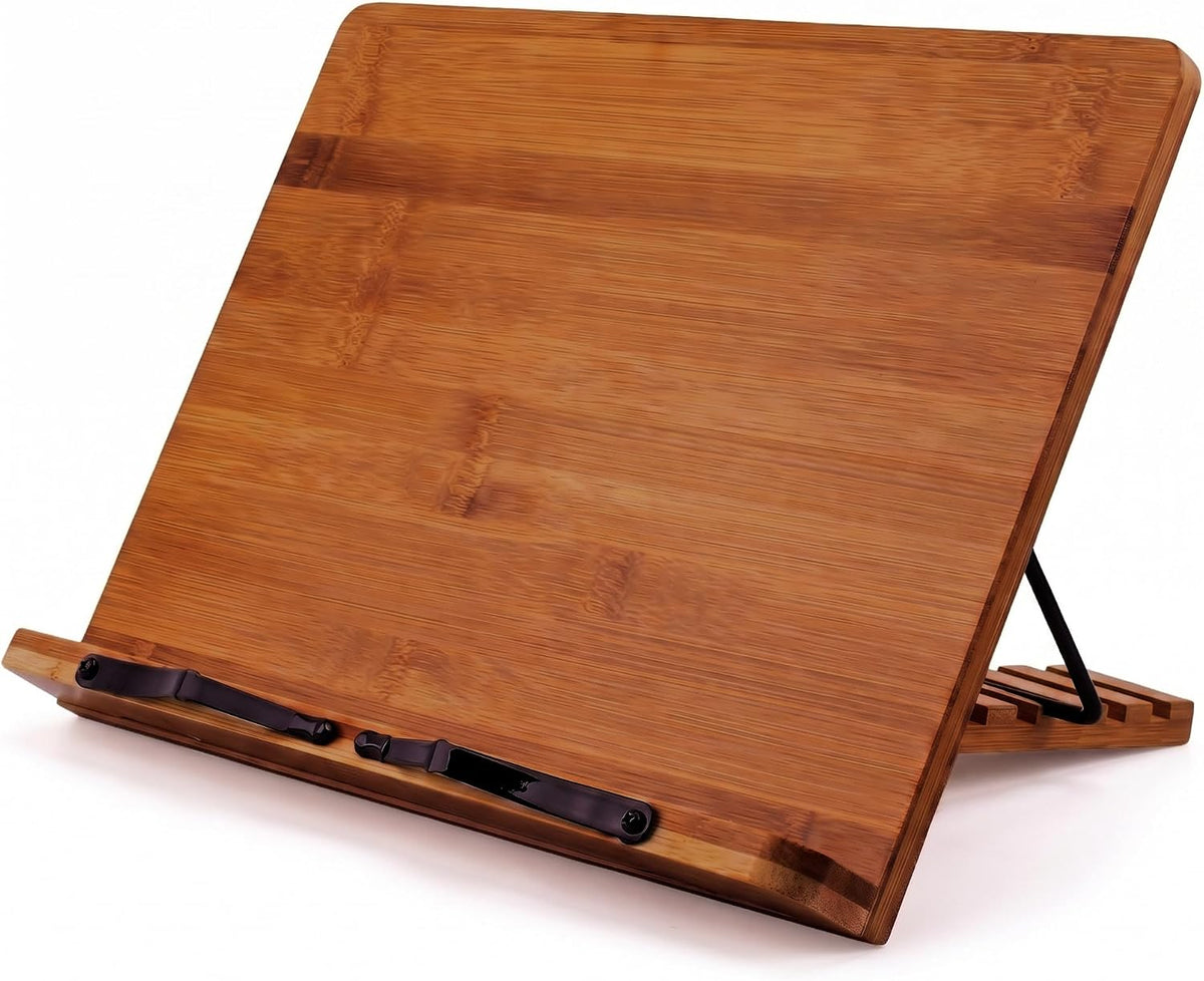 Bamboo Cookbook Stand Medium, Adjustable Book Holder Tray and Page Paper Clips - 4-Position Recipe Book Stand Holds