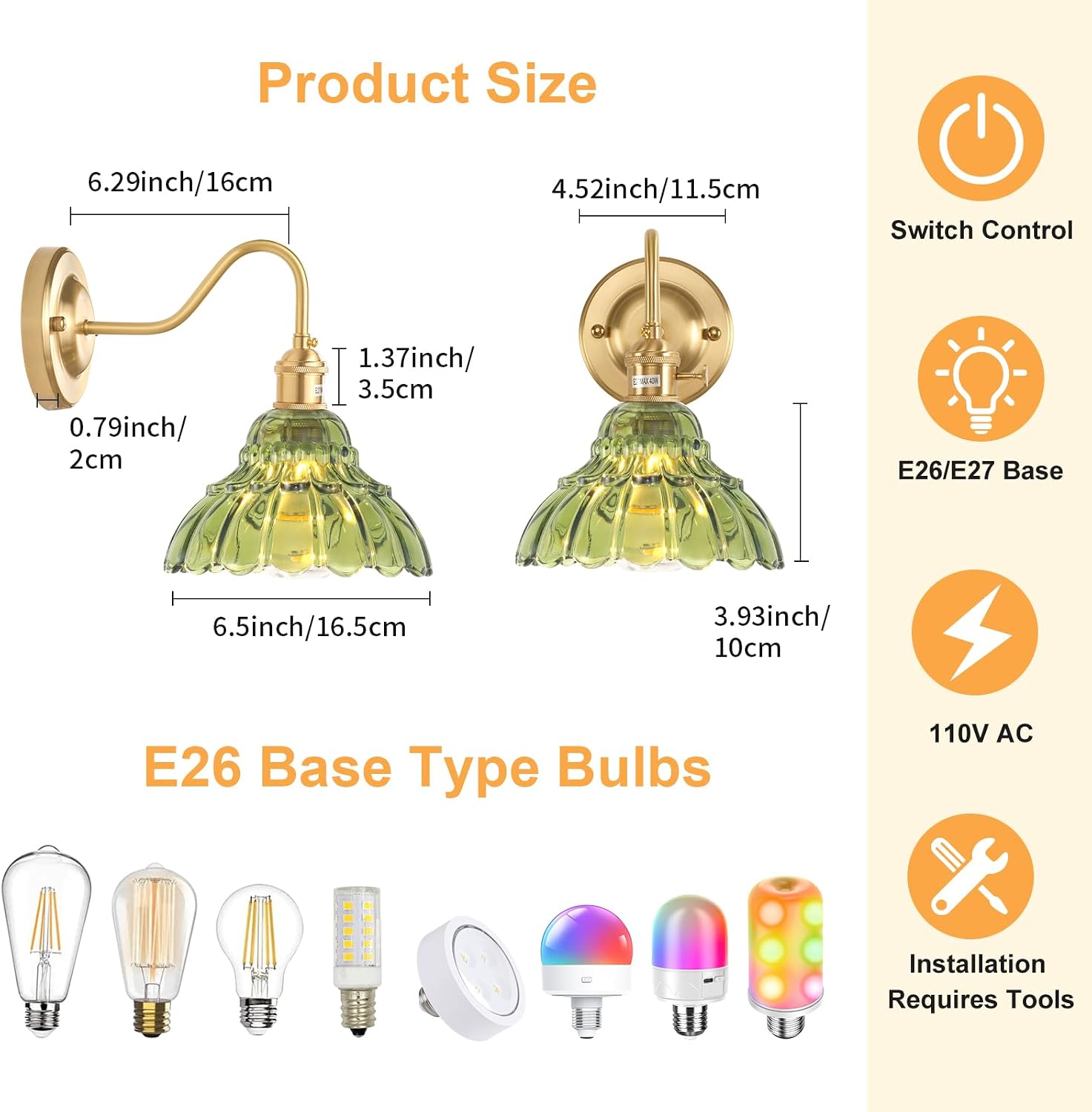 Shenmoyl Battery Operated Wall Sconce Set of 2, Vintage Rechargeable Wall Lights with Green Lily Glass Shade, Wireless