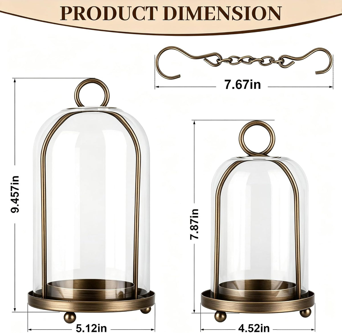 Glass Hurricane Candle Holder Decorative Gold Candle Lantern | Pillar Candlestick Holders Set of 2, Hanging Metal