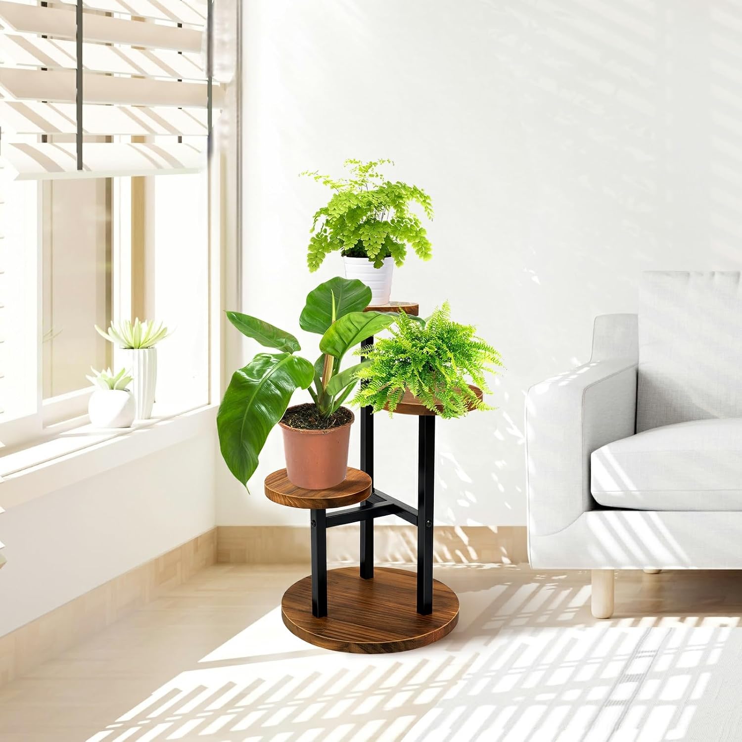 AUGOSTA 3 Tier Plant Stand, Tall Metal Wood Shelf Holder for Indoor, Outdoor Display Rack Flower Pot Stand for Corner