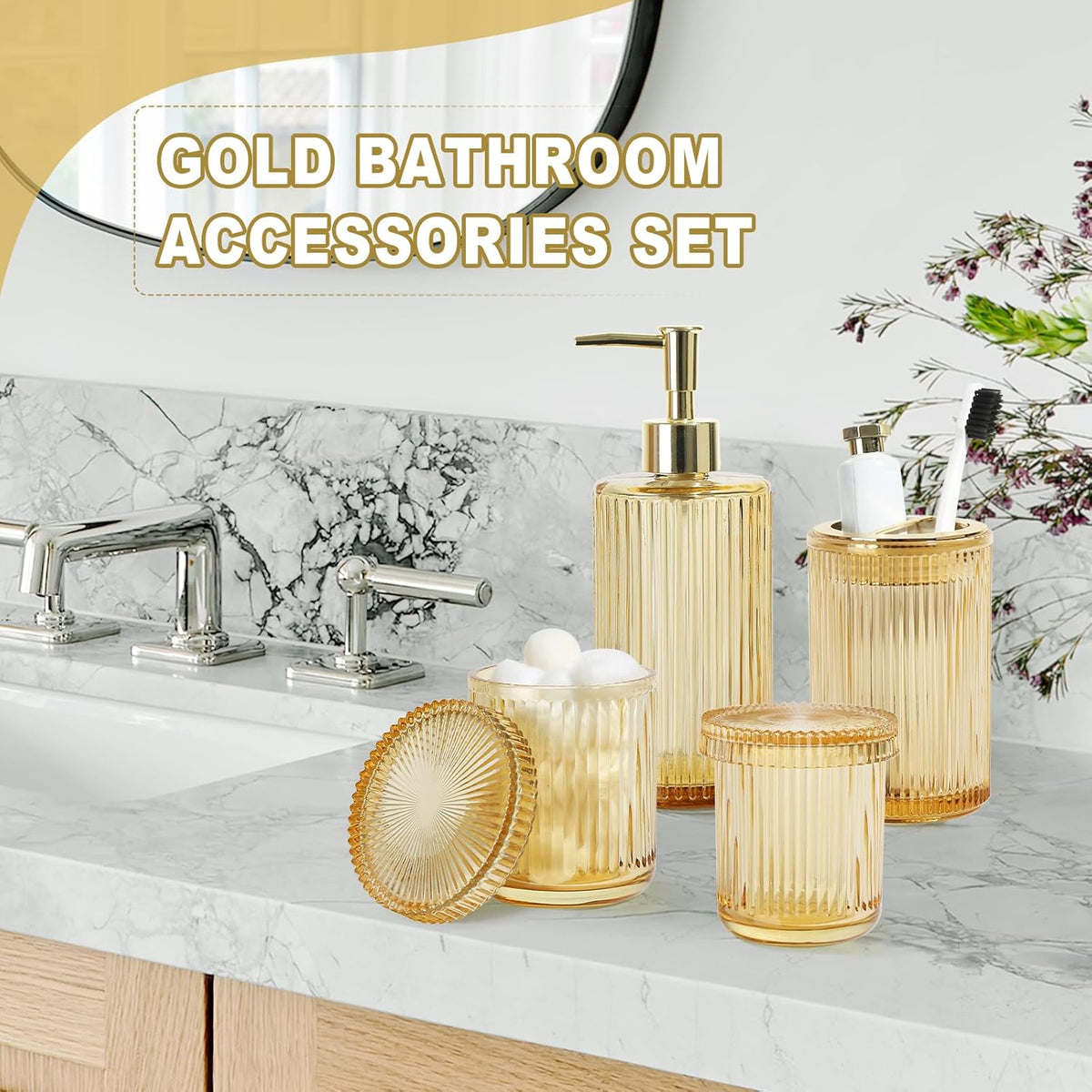 KASUNTING Gold Bathroom Accessories 4 Pcs, Gold Glass Soap Dispenser and Toothbrush Holder Set, Qtip Holder Set, Glass