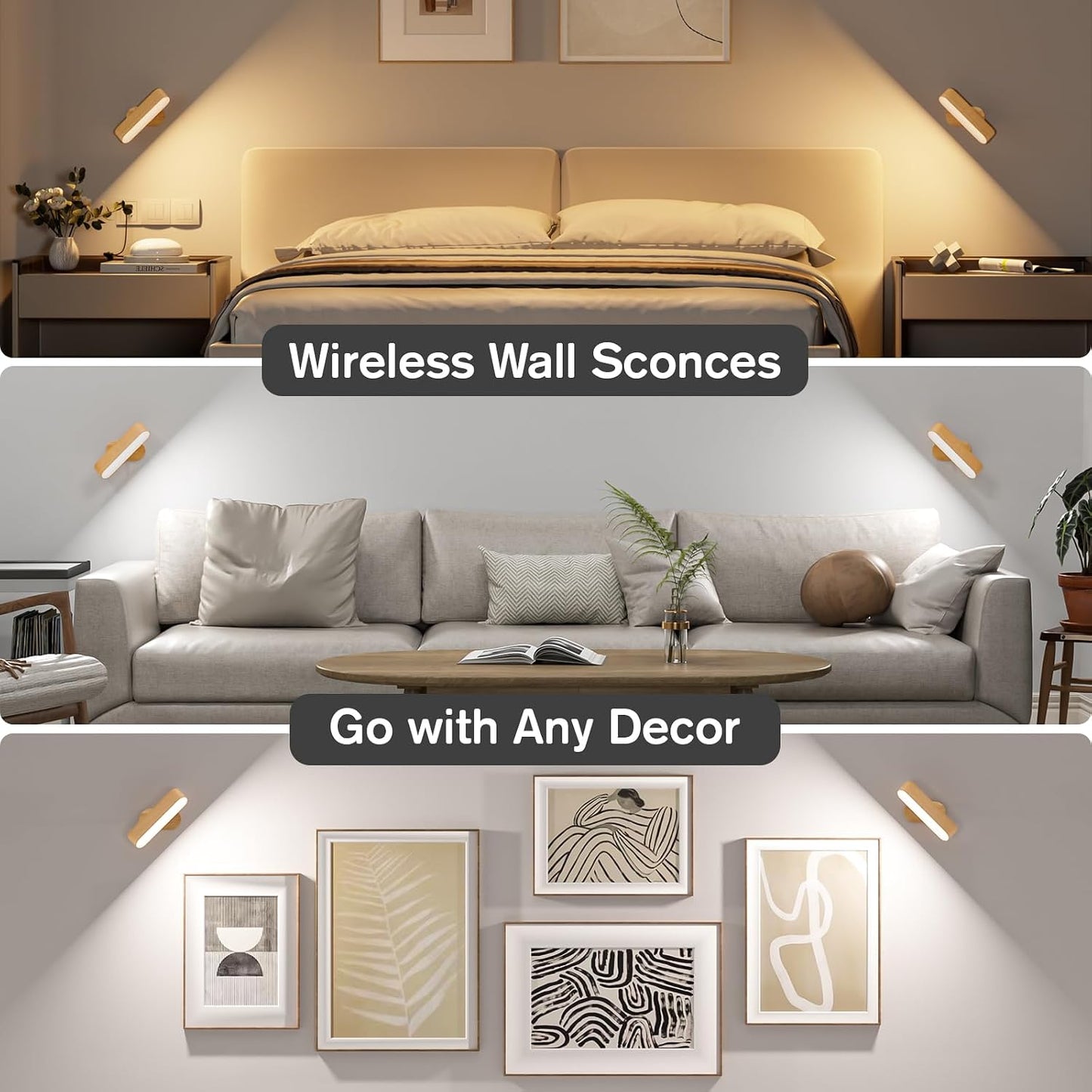 Battery Operated Wall Sconces Set of 2, Rechargeable & Cordless | 5 Color Temps & Dimmable Touch Control, 360°Rotating