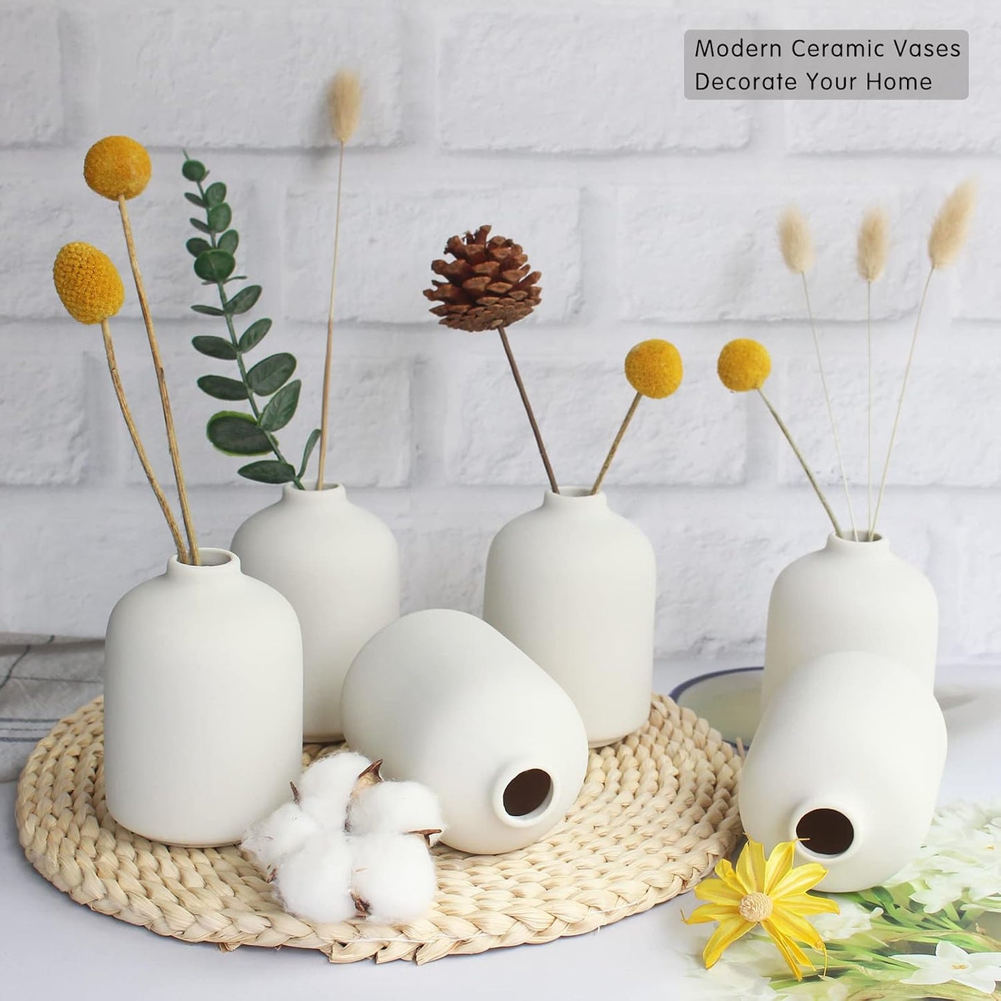 Boho Vase / Ceramic Vases for Pampas Grass / Small / White-b / Set of 6