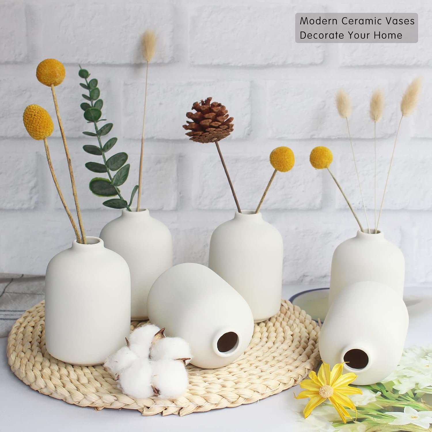 Boho Vase / Ceramic Vases for Pampas Grass / Small / White-b / Set of 6