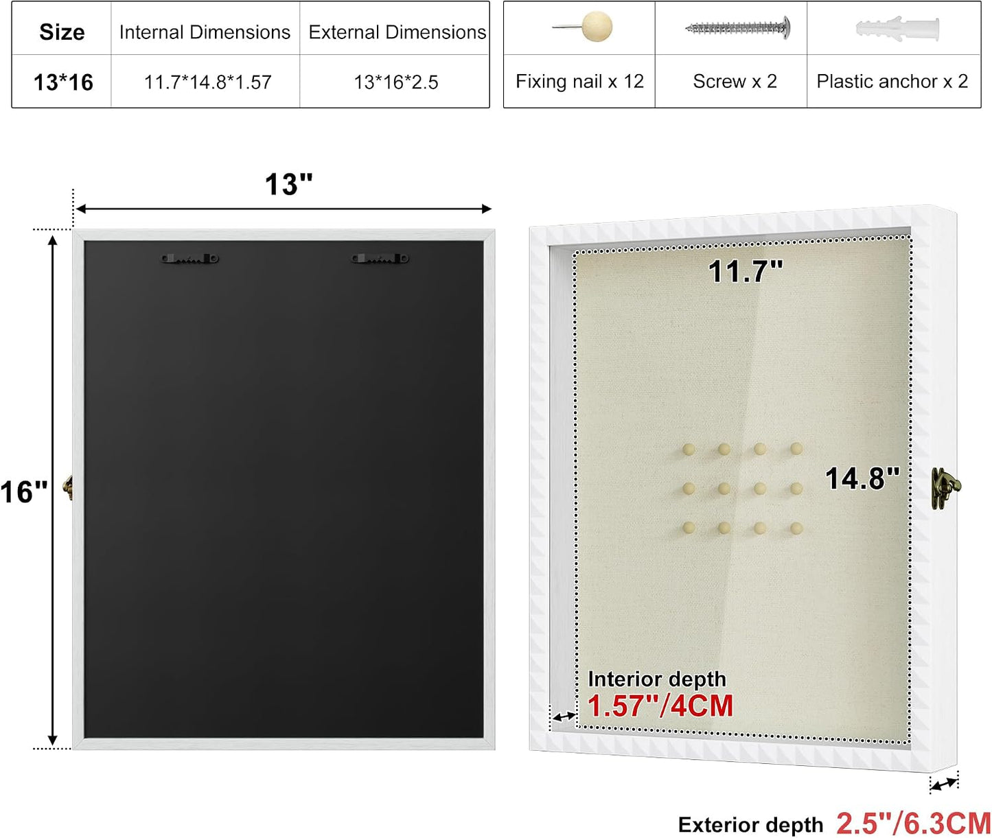 SZQINJI Shadow Box Frame 13x16 Deep Large Memory Box Display Cases, White | Shadow Box, Front Opening Vintage Lock