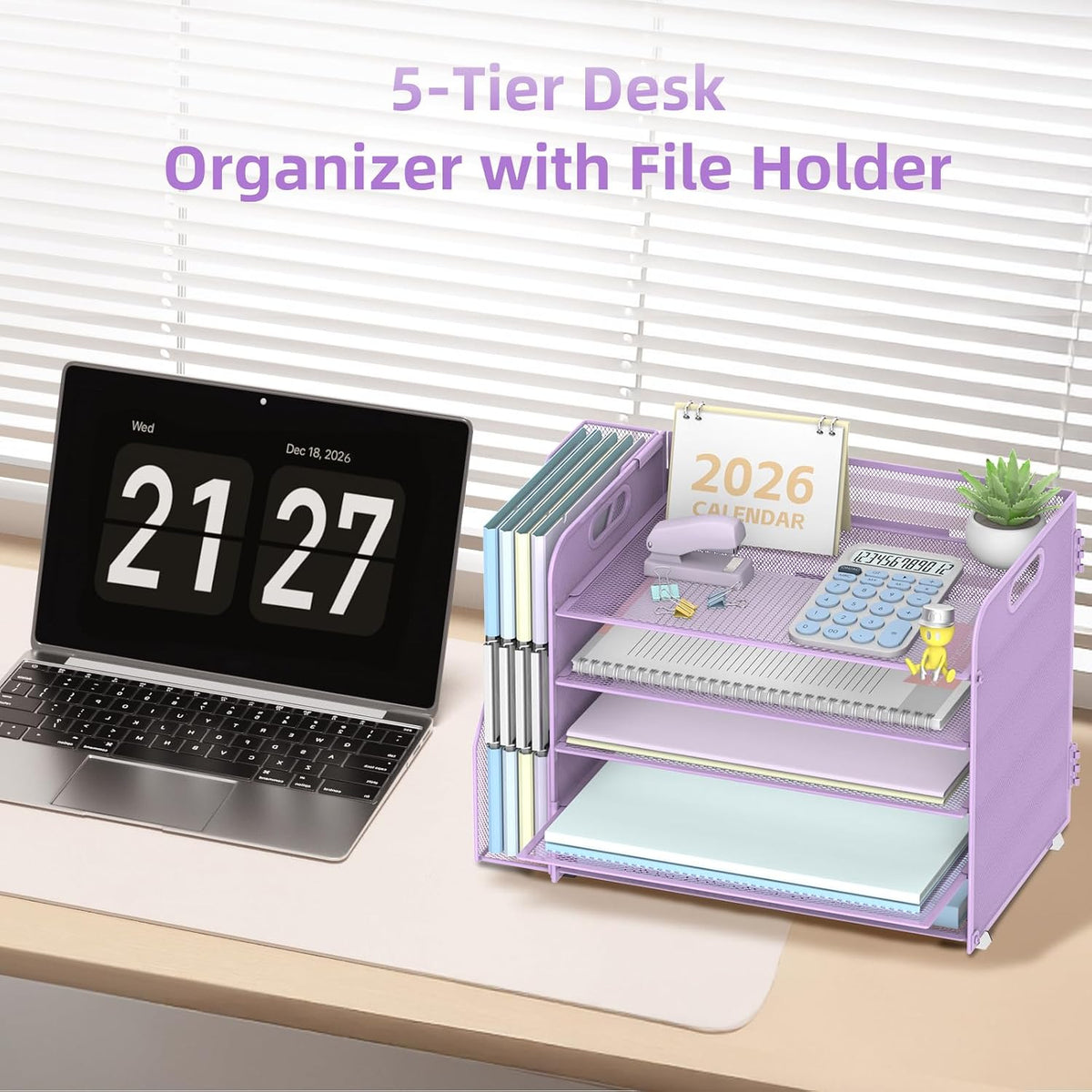5-Tier Desk Organizer with File Holder, Paper Organizer for Desk, Purple | 5 Letter Trays and Vertical File Holder with