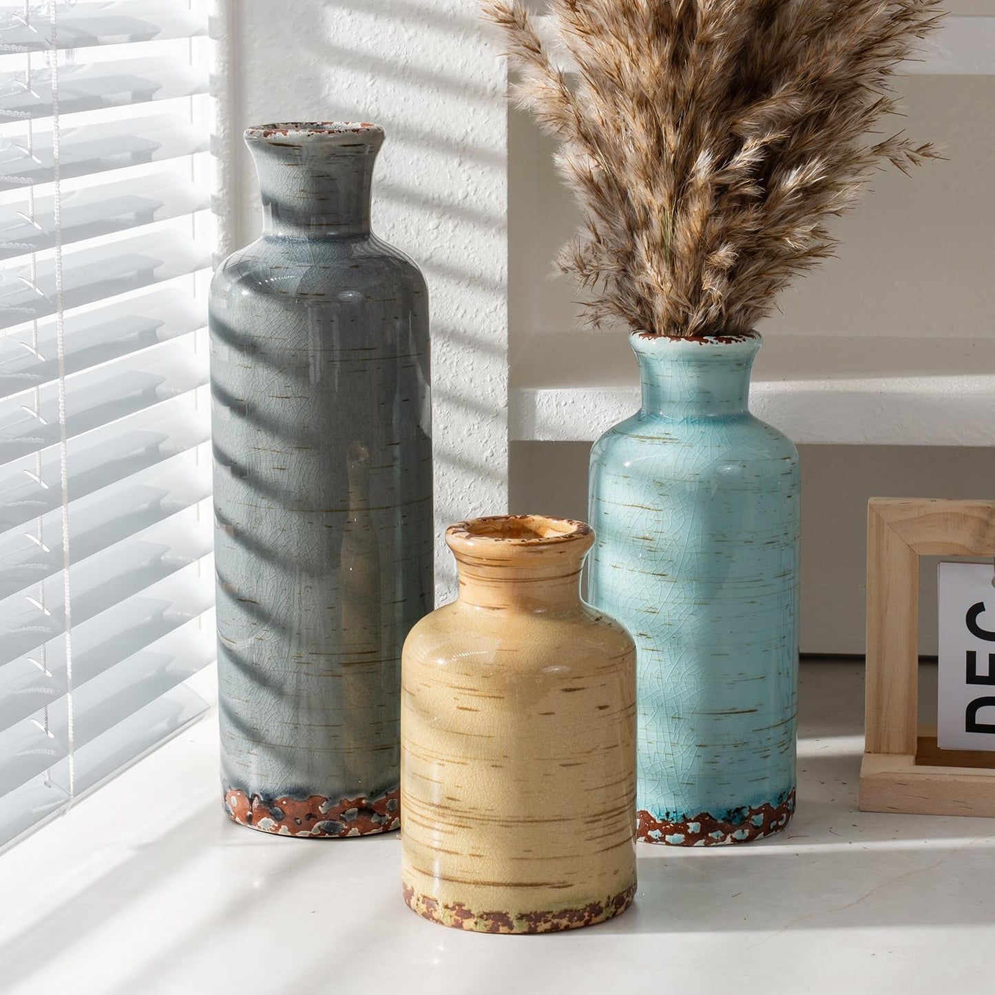 Rustic Farmhouse Vase / 107-gray Blue Stripe / Set of 3