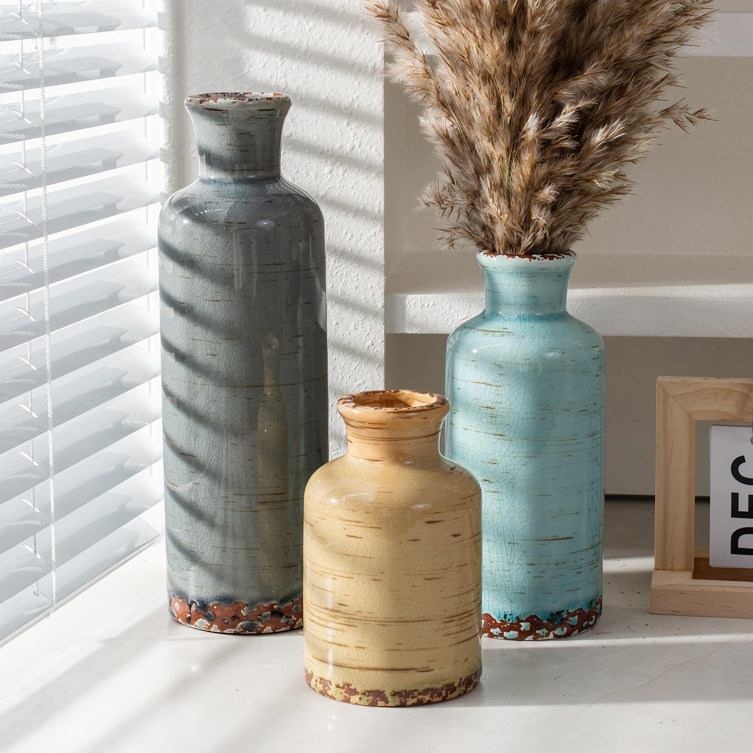 Rustic Farmhouse Vase / 107-gray Blue Stripe / Set of 3