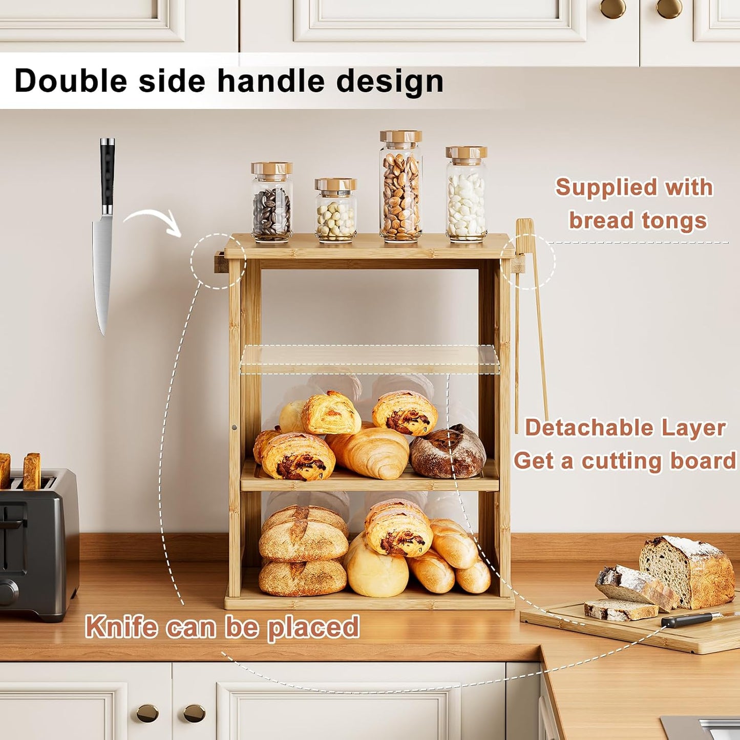WOWLIVE Bread Box for Kitchen Countertop, 3 Layers Bread Storage Container | Large Bamboo Bread Bin for Homemade Bread