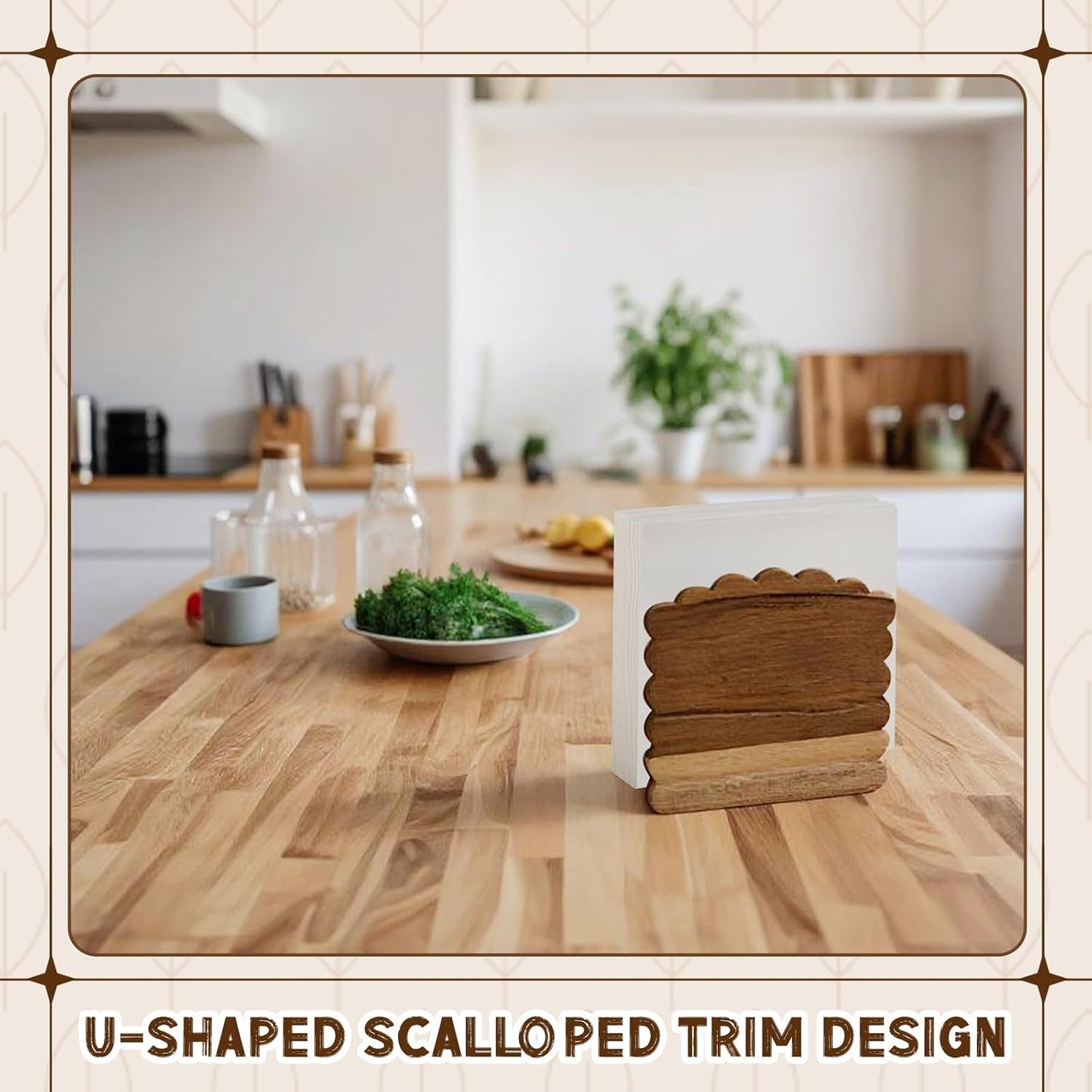 Acacia Wood Napkin Holder Scalloped Upright Napkin Dispenser / No Text / Dark Brown