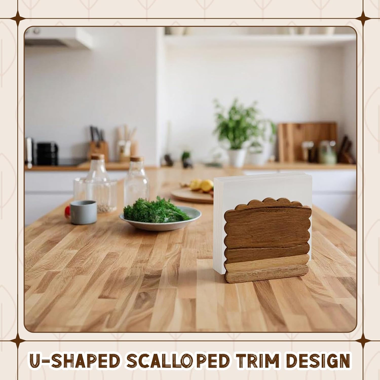 Acacia Wood Napkin Holder Scalloped Upright Napkin Dispenser / No Text / Dark Brown