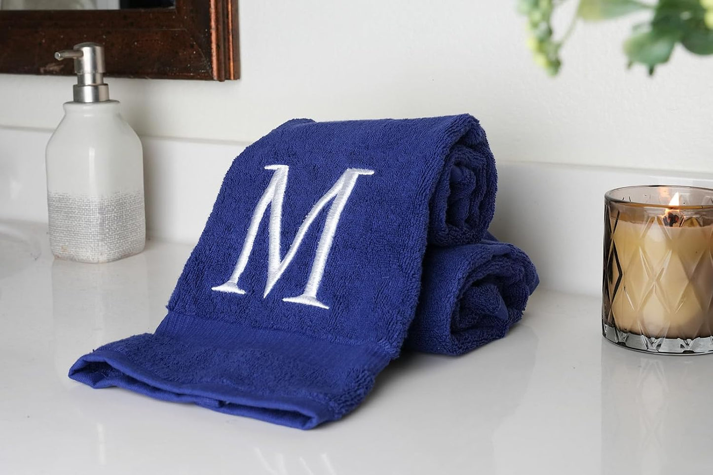 Navy with White Monogrammed Hand Towels for Bathroom - Set of 2 Letter M | Luxury Hotel Quality Initial Towels For