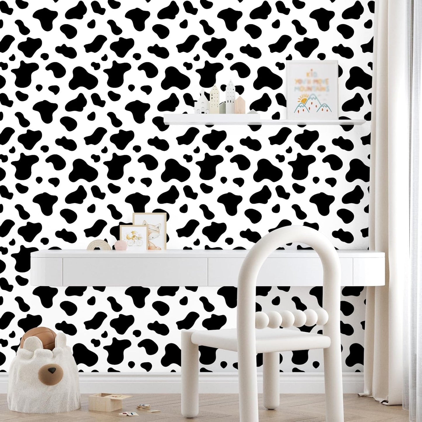Cow Printed Peel and Stick Wallpaper and White Contact Paper / Vinyl / 17.5 x 102 / Black