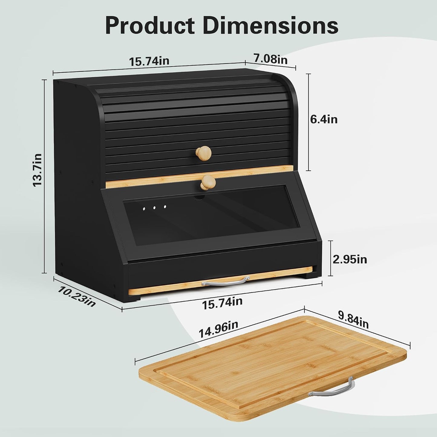 HOLTICO Roll Top Bamboo Bread Box with Cutting Board for Kitchen, Black | 2-Tier Large Wood Bread Bin for Kitchen