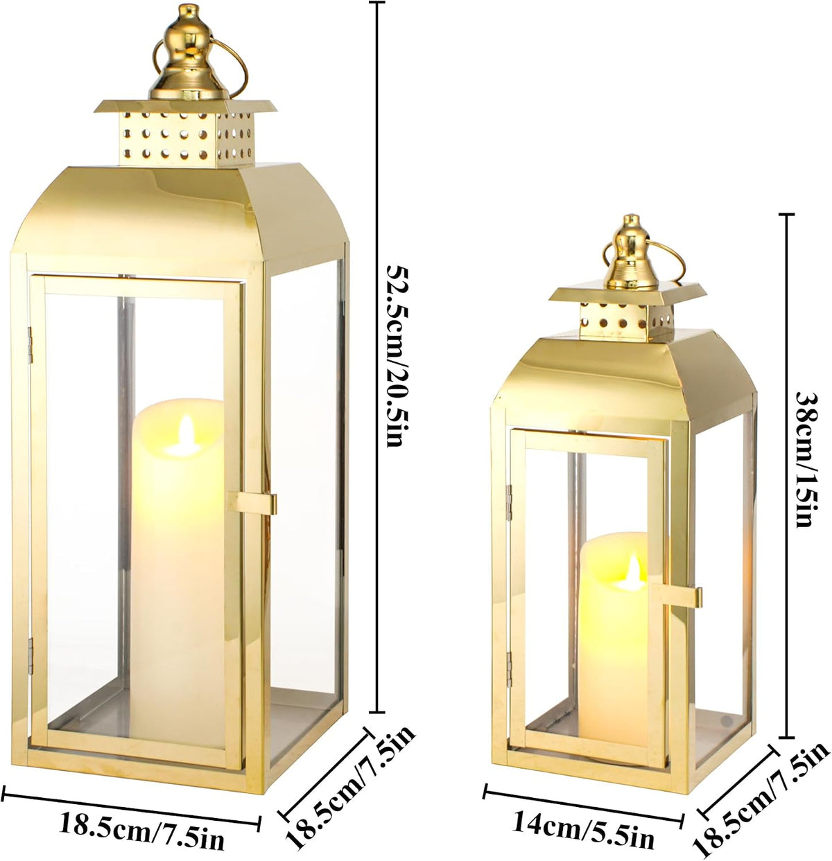 JHY DESIGN Set of 2 Stainless Steel Decorative Candle Lanterns 20.5"&15" High Metal Candle Lanterns for Indoor Outdoor